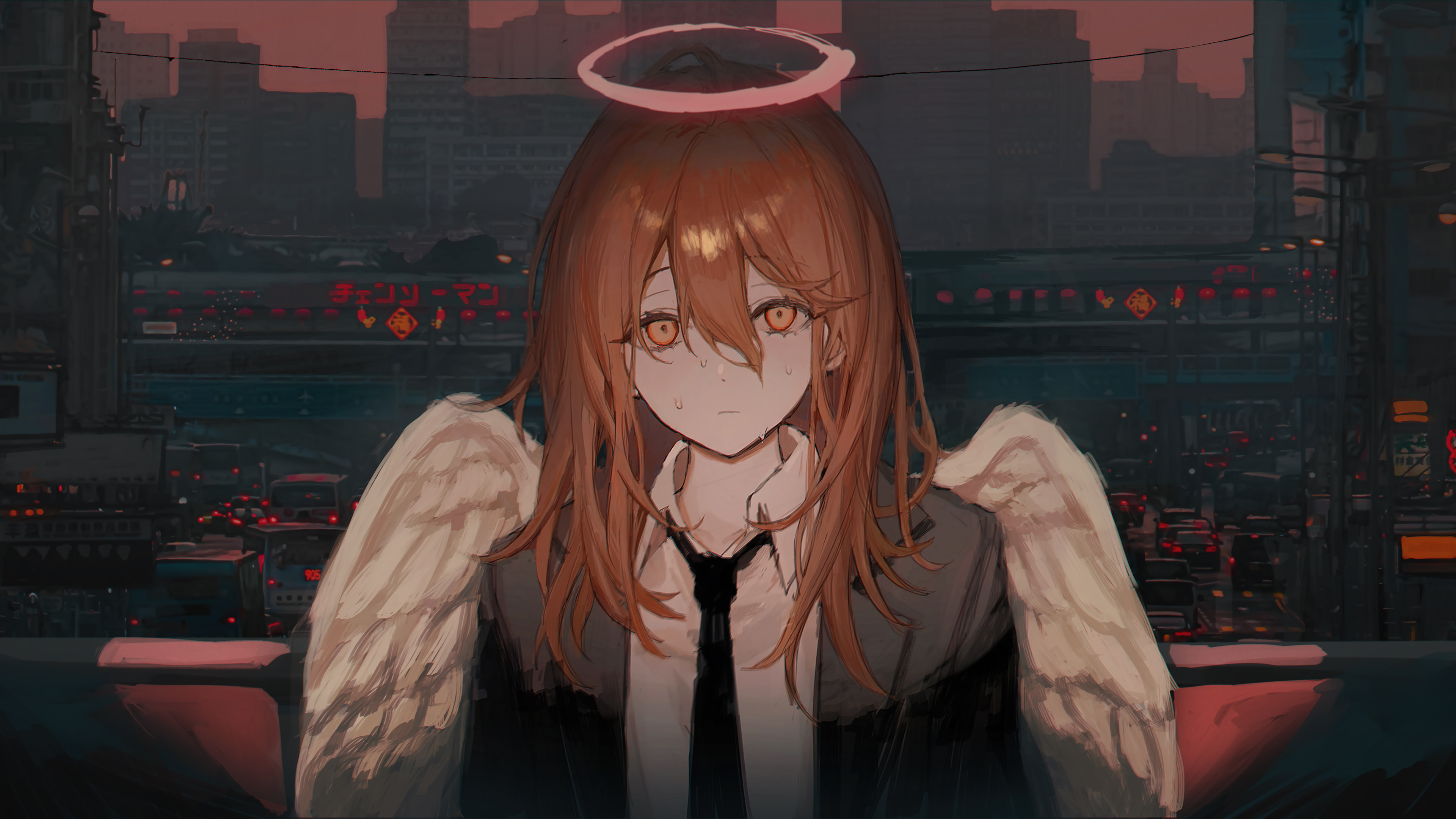 Anime 3840x2160 Chainsaw Man Angel Devil redhead halo wings city car red sky sweat looking at viewer anime girls