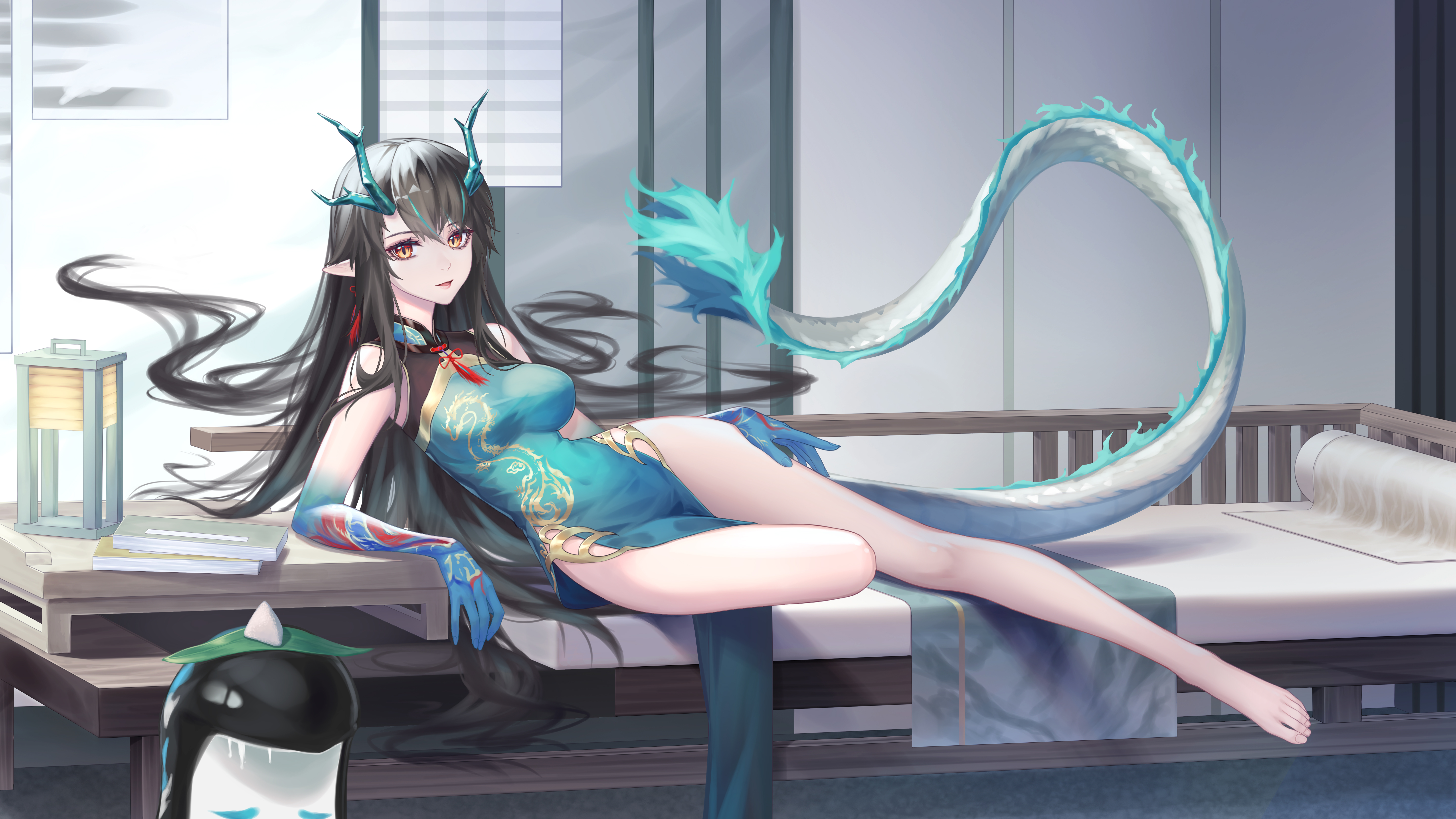 Anime 5760x3240 anime anime girls Arknights Dusk (Arknights) dragon girl horns tail pointy ears Chinese dress