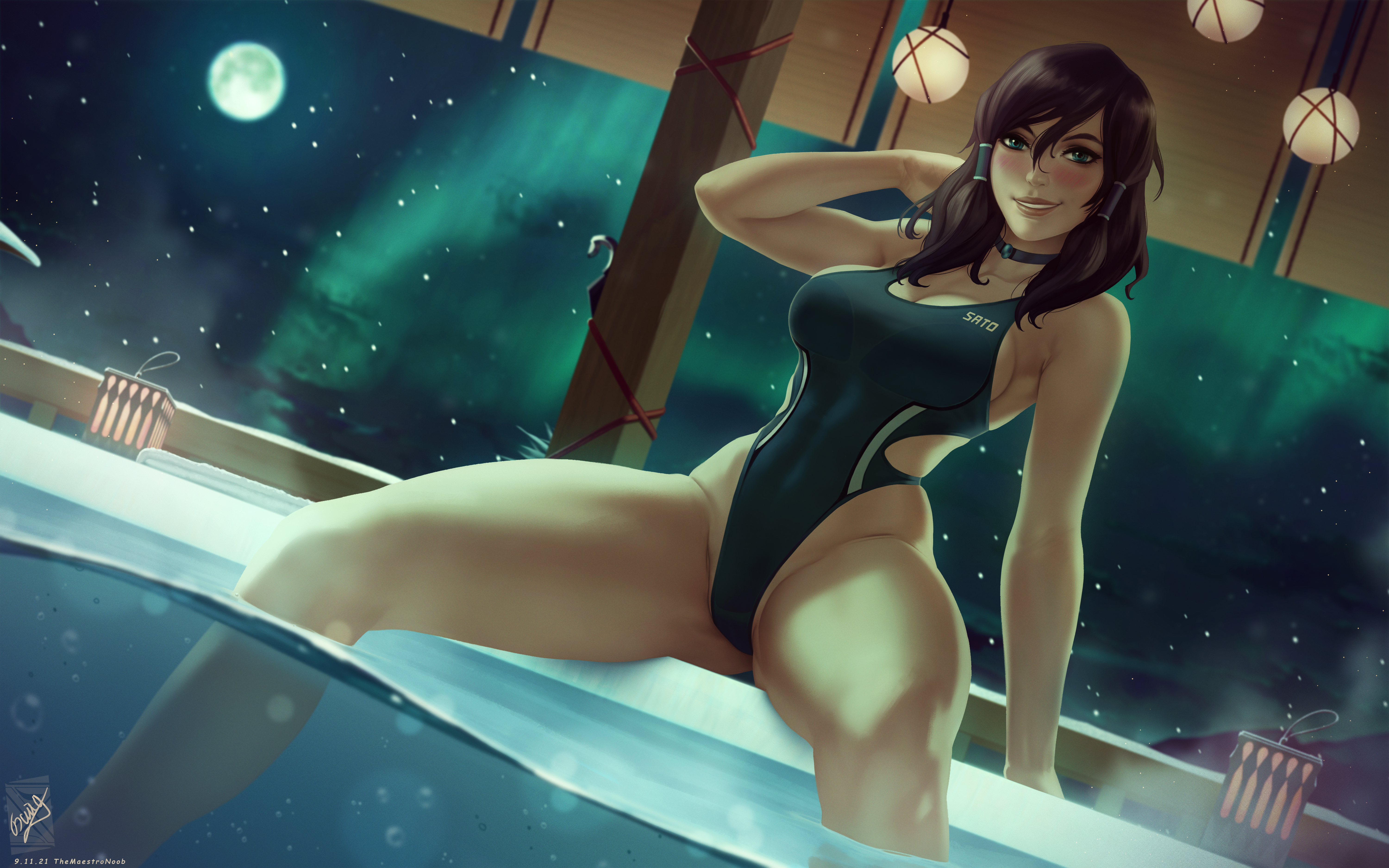 General 6000x3750 Korra The Legend of Korra Nickelodeon fictional character blushing one-piece swimsuit swimwear competition swimsuit smiling thick thigh 2D artwork drawing fan art TheMaestroNoob cartoon