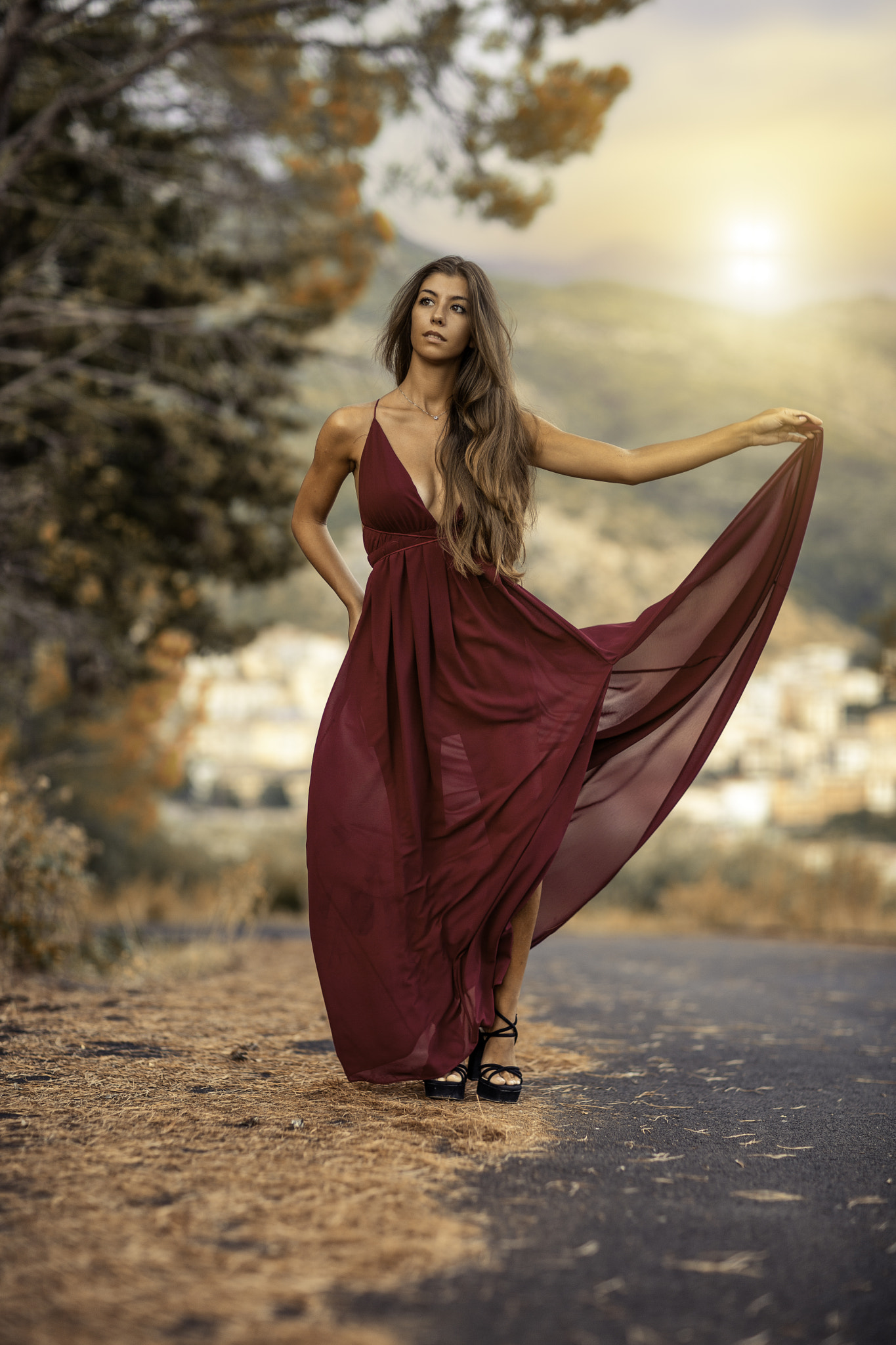 People 1365x2048 Alessandro Di Cicco women brunette long hair wavy hair dress red clothing looking away
