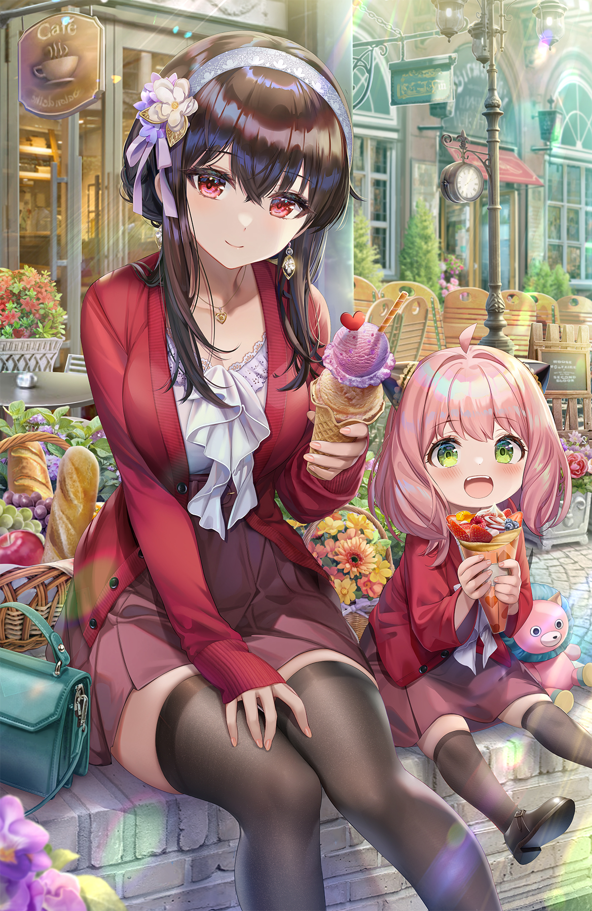 Anime 1200x1848 Torino Akua anime Spy x Family Yor Forger Anya Forger anime girls ice cream sweets bread fruit flowers stockings