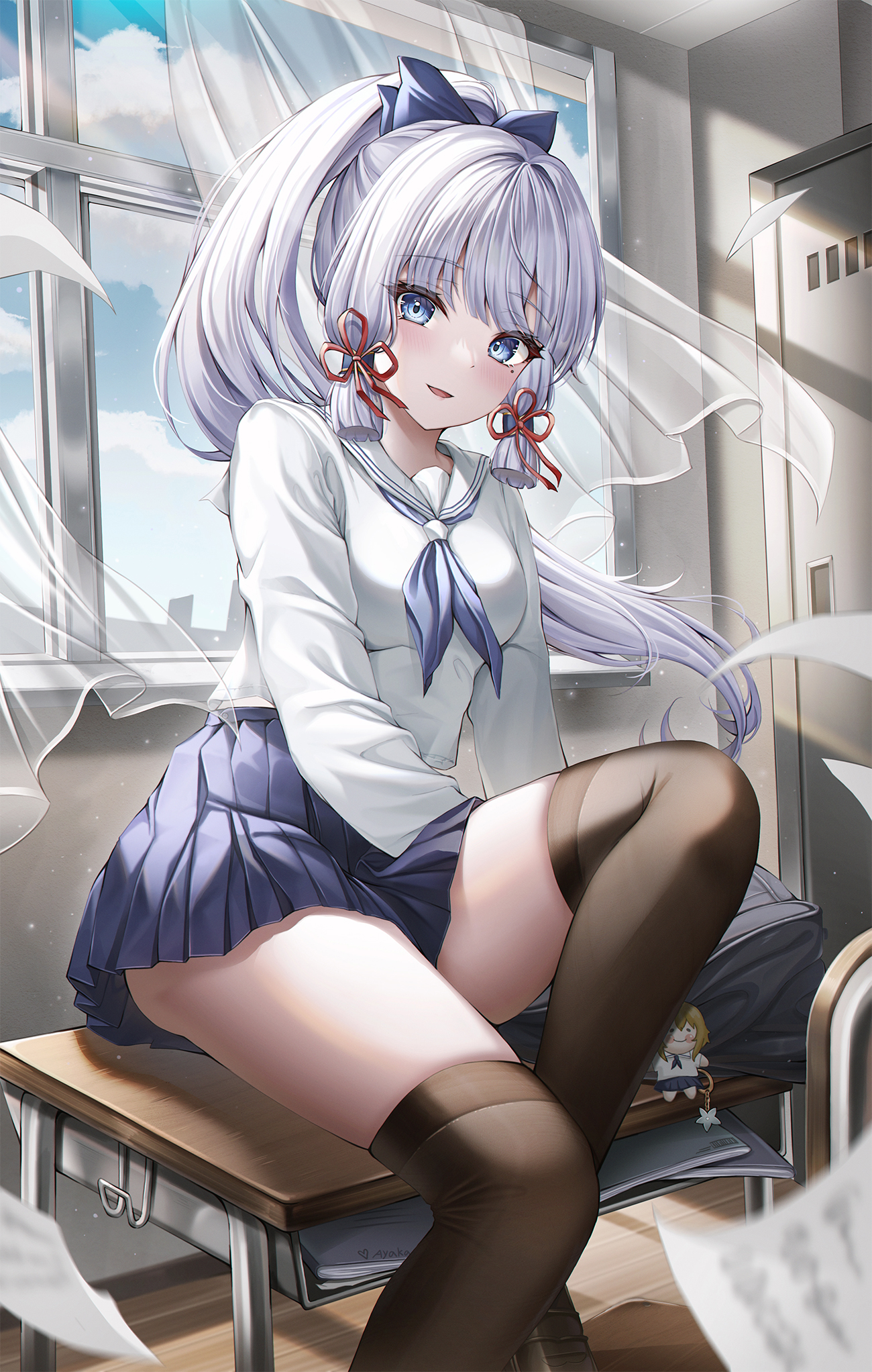 Anime 1300x2044 anime anime girls Genshin Impact Kamisato Ayaka (Genshin Impact) blue hair blue eyes school uniform stockings classroom ponytail