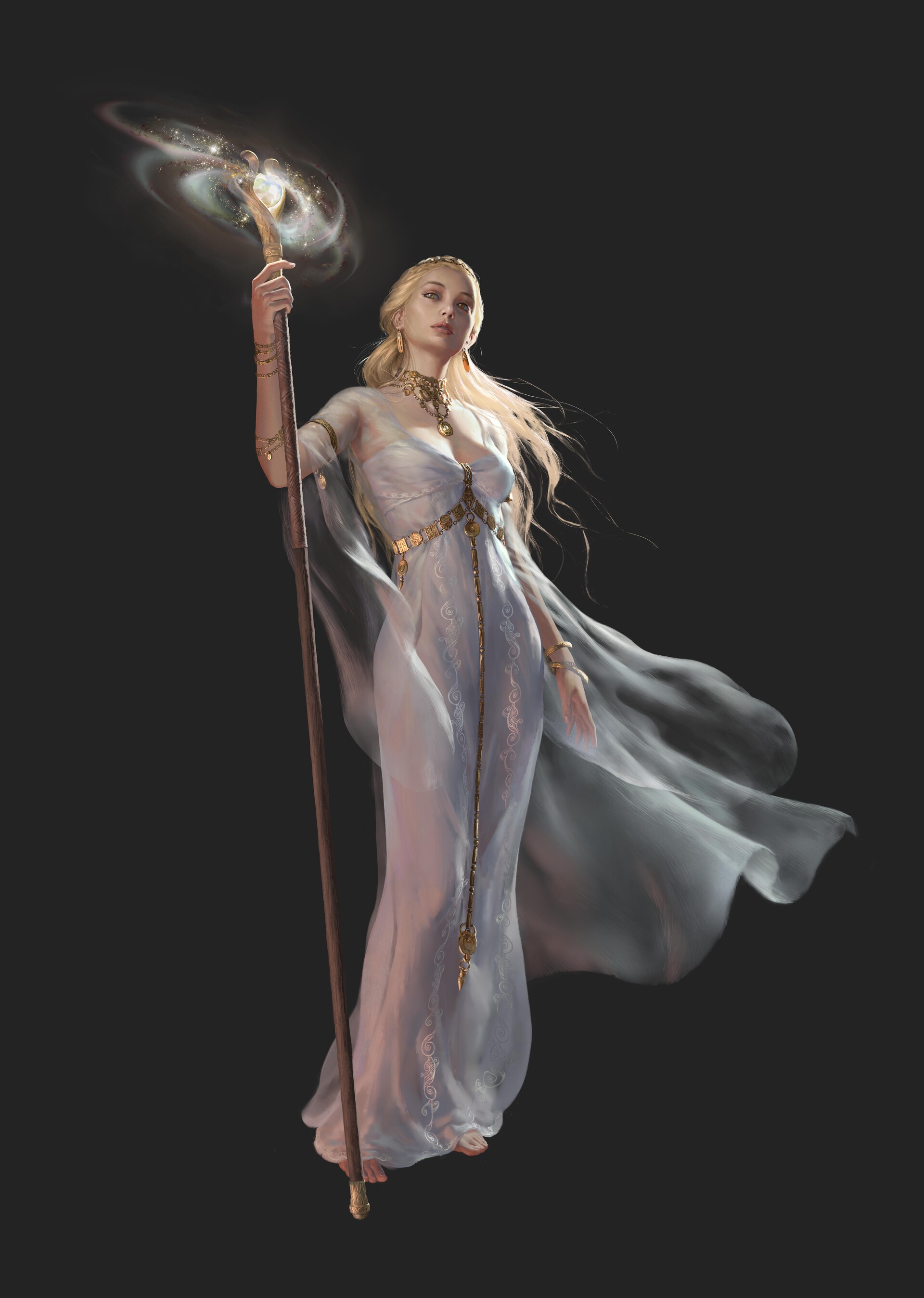 General 1920x2696 artwork fantasy art fantasy girl women dress blonde dark background staff long hair simple background