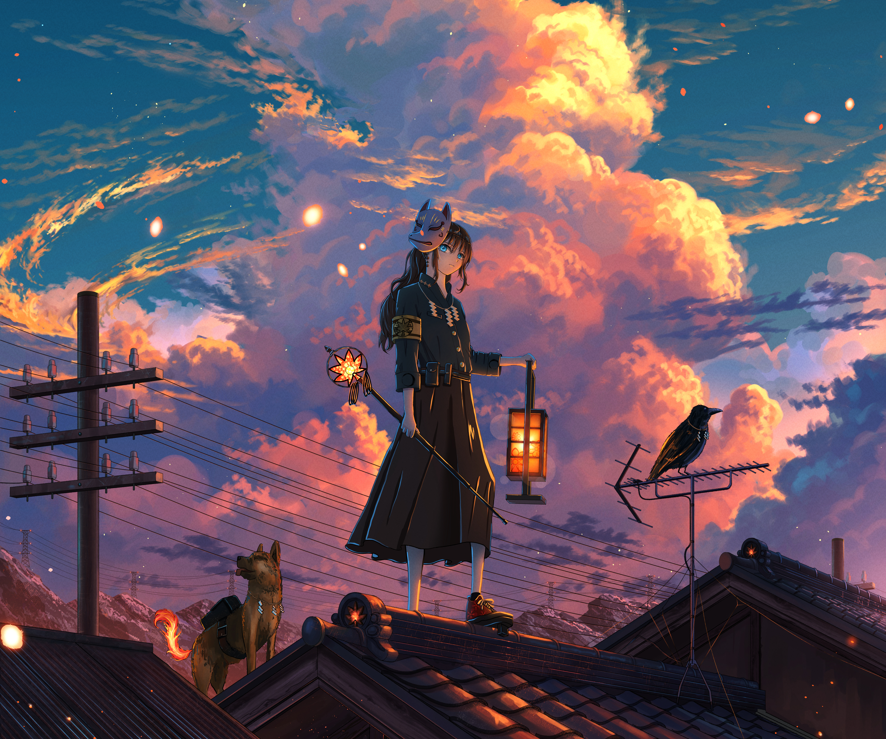 Anime 3632x3027 anime magic sunset mask clouds blue eyes dog