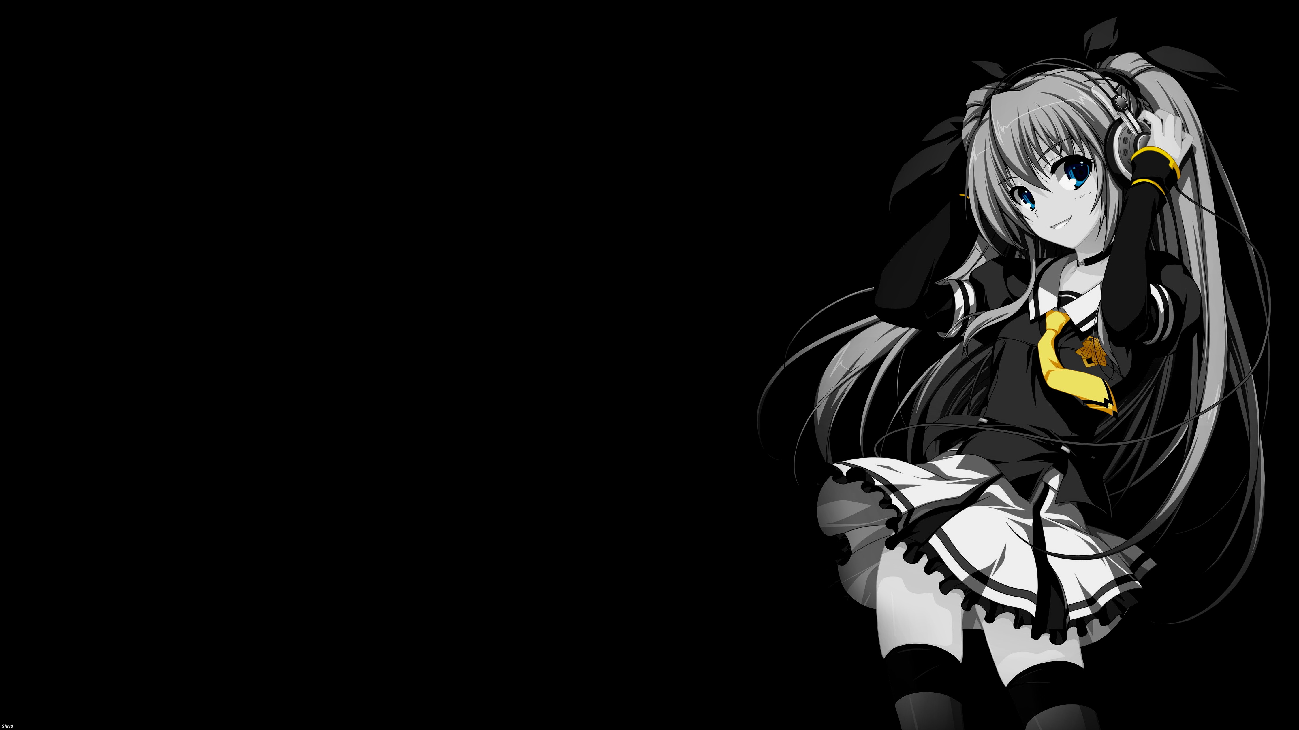 Anime 4505x2534 selective coloring black background simple background dark background anime girls school uniform headphones schoolgirl stockings