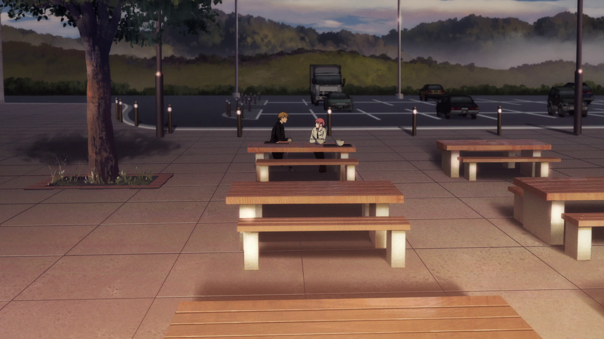 Anime 1920x1080 Chainsaw Man Makima (Chainsaw Man) anime anime girls anime boys Anime screenshot table trees parking lot sunset