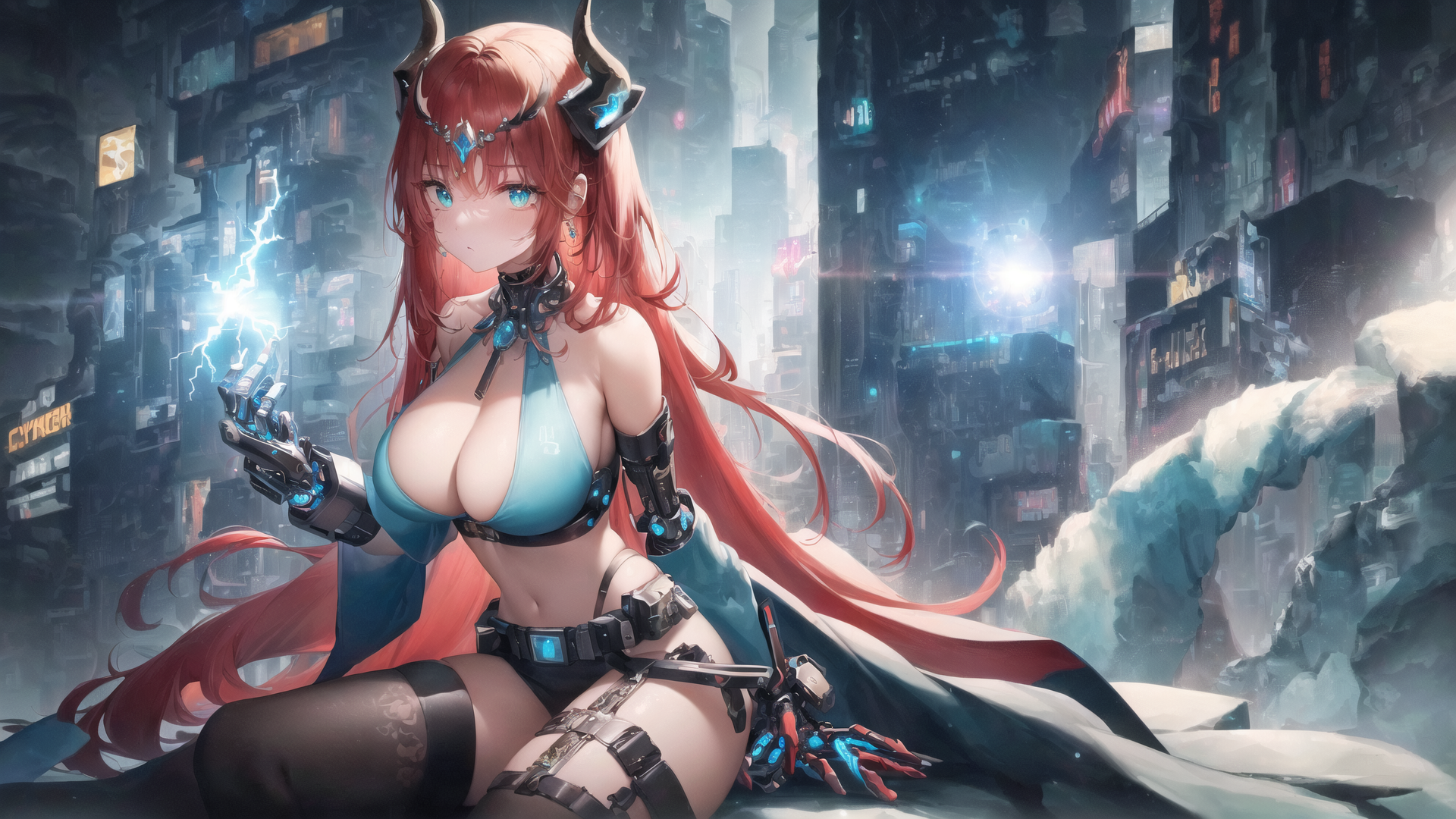 Anime 1920x1080 Nilou (Genshin Impact) Genshin Impact Illumie big boobs cleavage jewelry blue eyes redhead cybernetics cyberpunk city tactical girl anime girls solo AI art metal horns lightning electricity electric belly horns looking at viewer