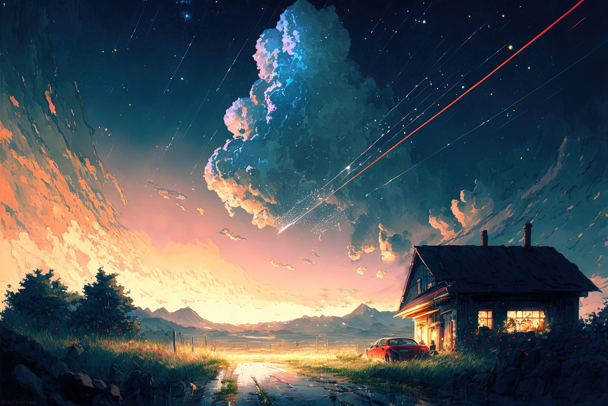 General 1999x1335 AI art illustration artwork landscape shooting stars sky night universe Uomi clouds sunset glow nature