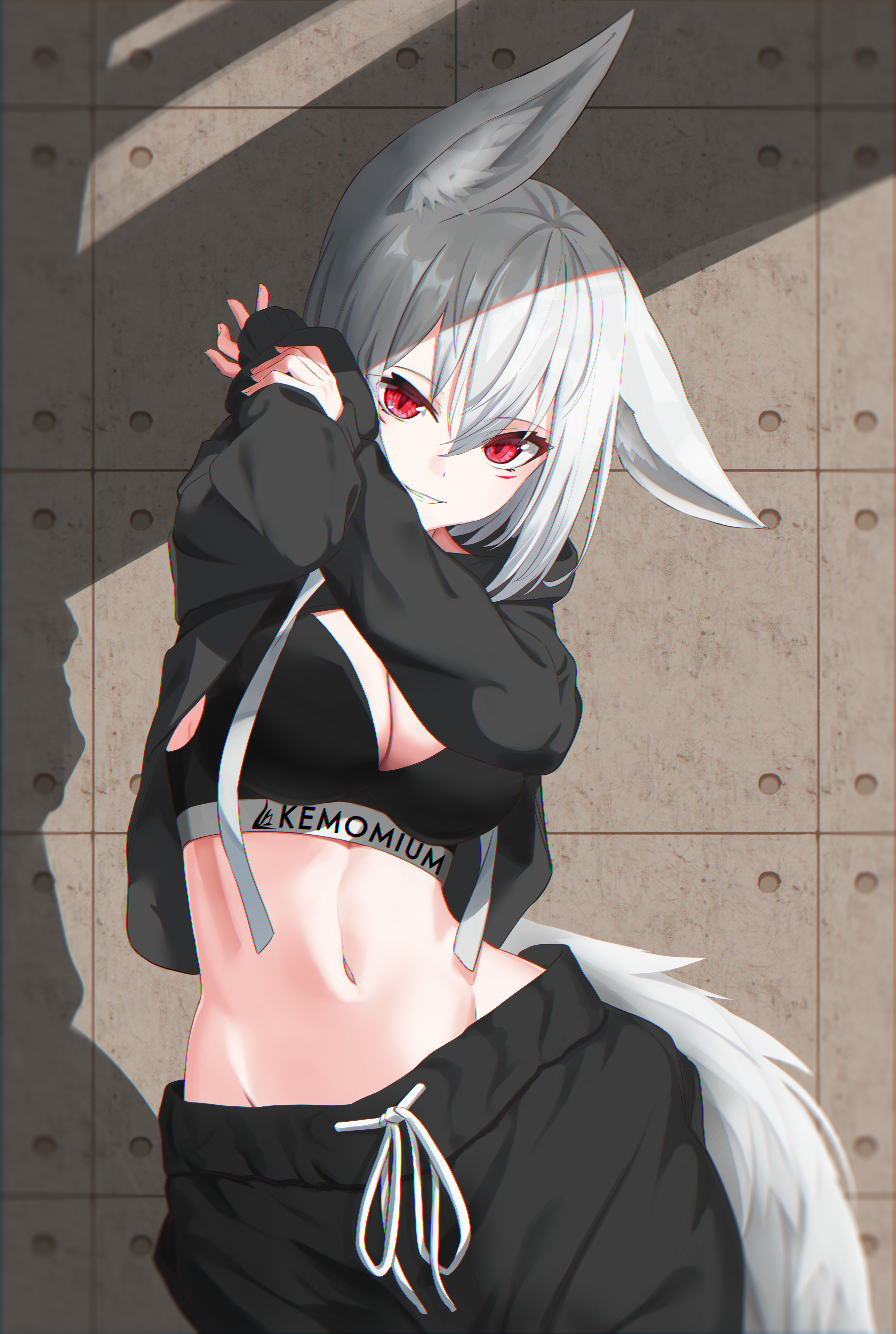 Anime 3541x5273 anime anime girls digital art artwork petite Pixiv 2D portrait portrait display looking at viewer wolf girls wolf ears wolf tail belly sports bra cleavage red eyes silver hair