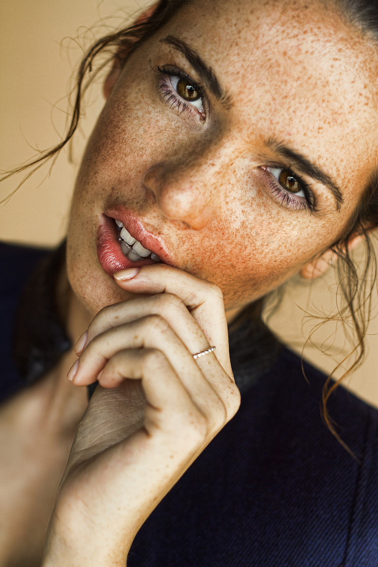 People 1280x1920 women brown eyes finger on lips freckles face
