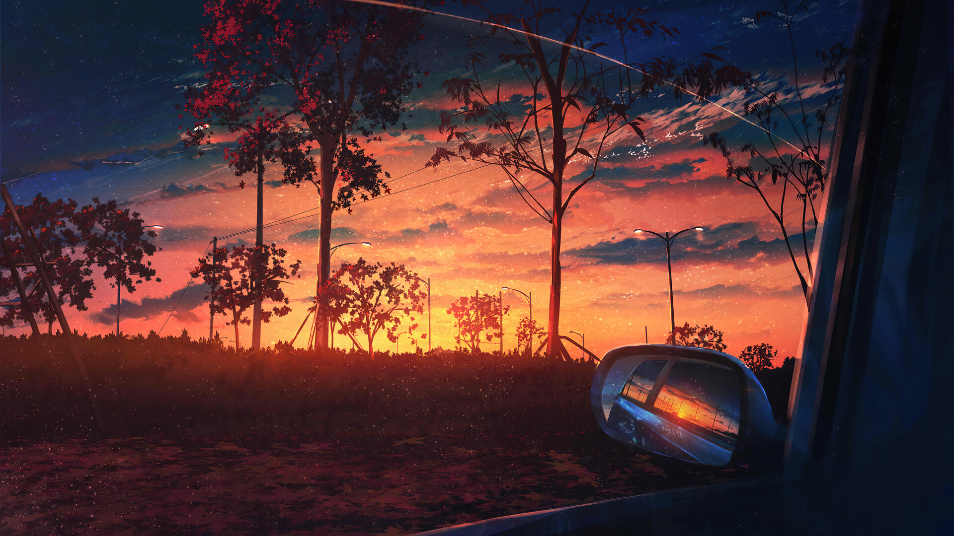 General 1920x1080 sunset glow trees rearview mirror clouds sunset field sky