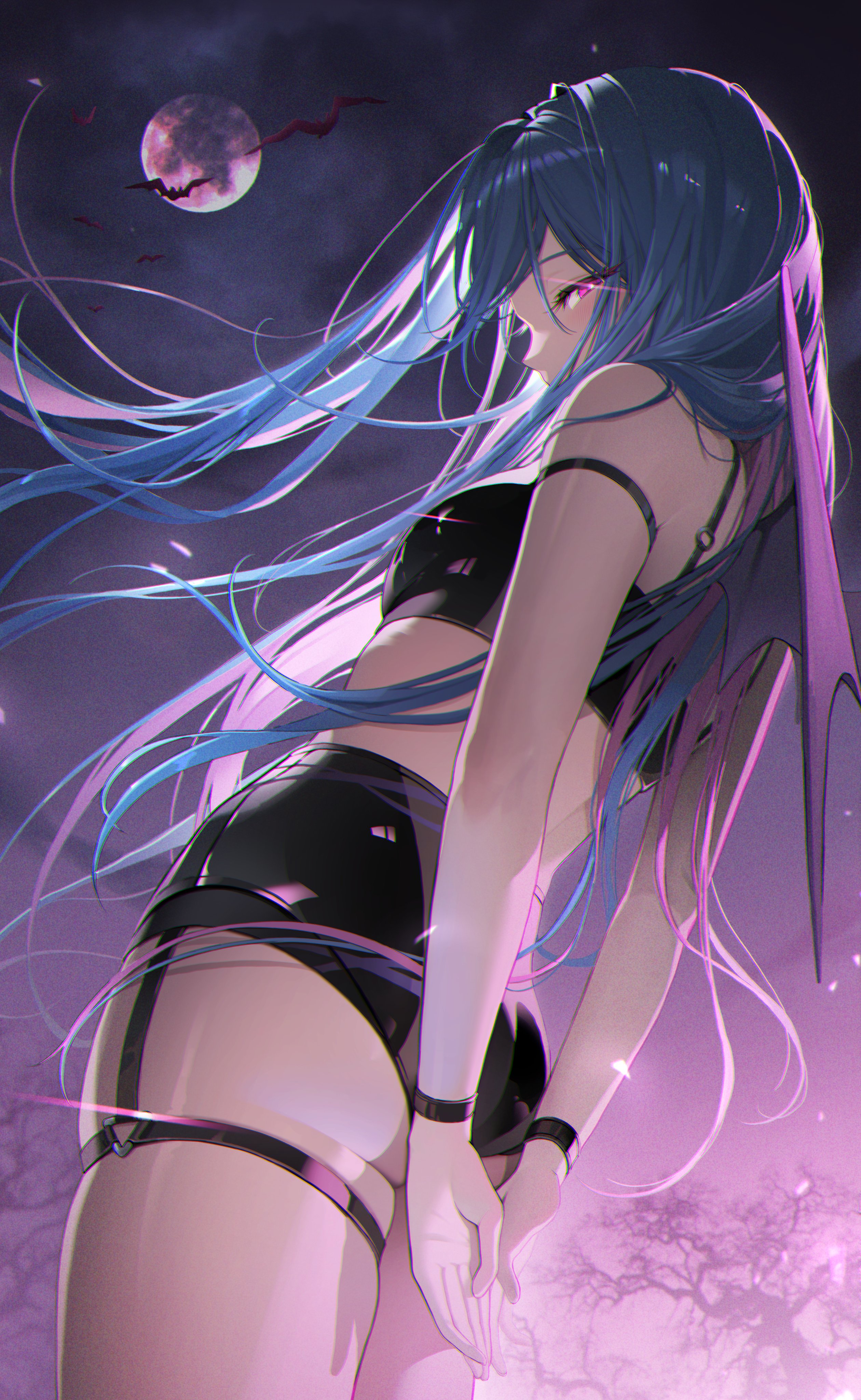Anime 2520x4096 anime girls pink eyes portrait display skimpy clothes ass Moon low-angle bats