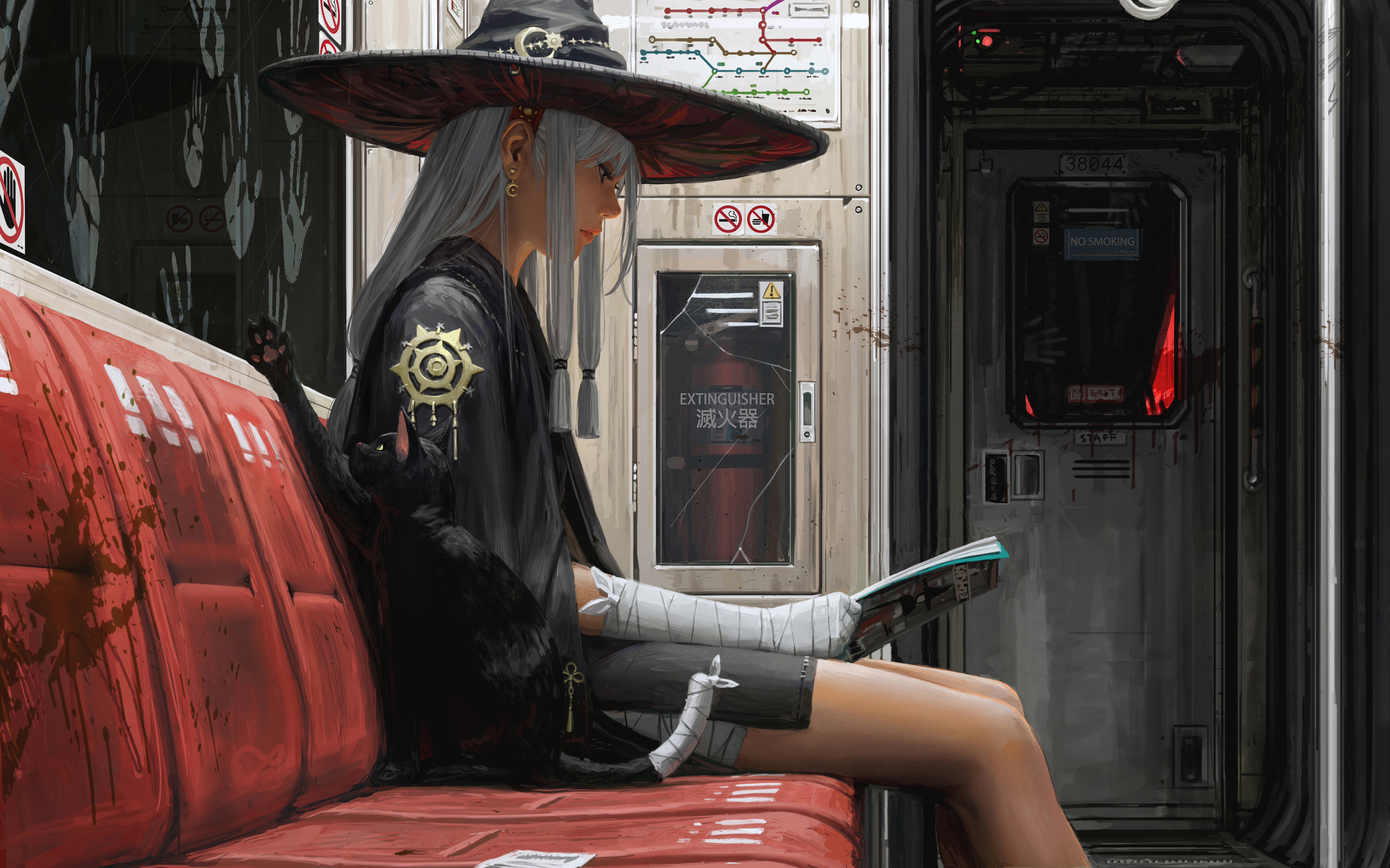 General 6000x3750 GUWEIZ original characters concept art 2D artwork drawing witch fantasy girl subway profile cats witch hat fantasy art blood