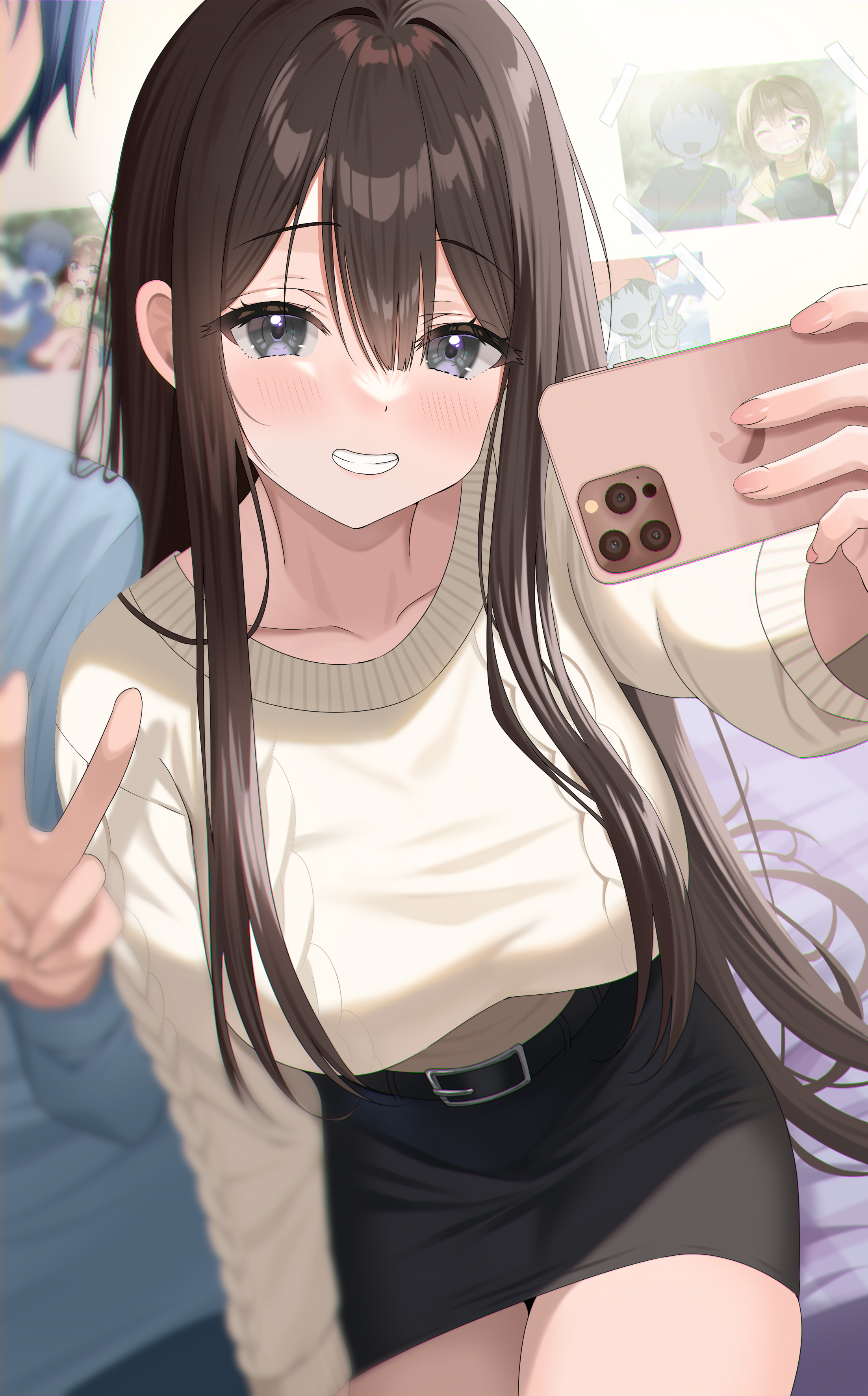 Anime 2204x3541 anime anime girls portrait display phone peace sign selfies brunette blue eyes smiling anime boys