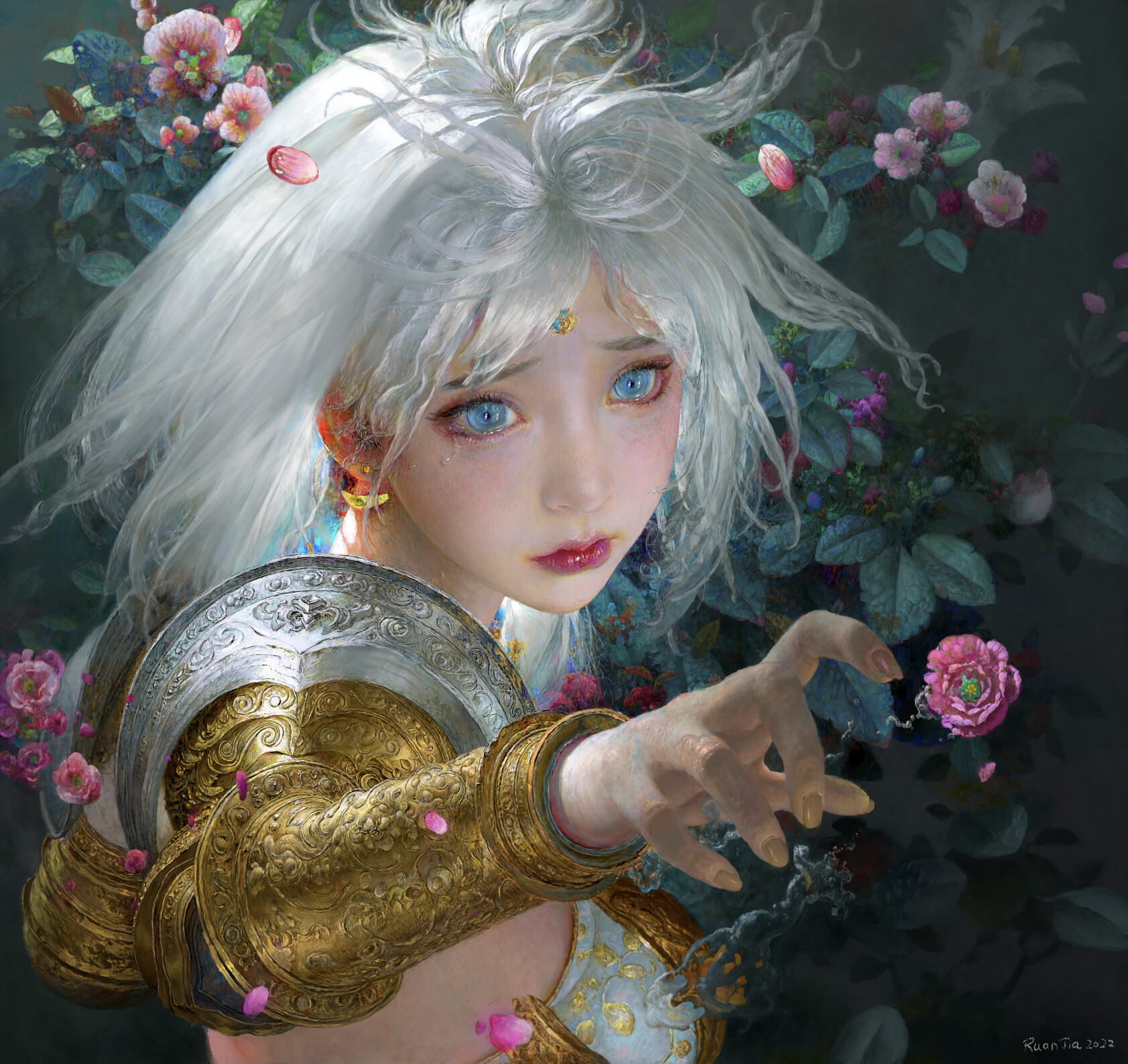 General 1683x1588 Ruan Jia drawing women blue eyes flowers pink gold portrait tears 2022 (year) signature closed mouth looking away short hair white hair leaves armor petals earring arms reaching fantasy art fantasy girl