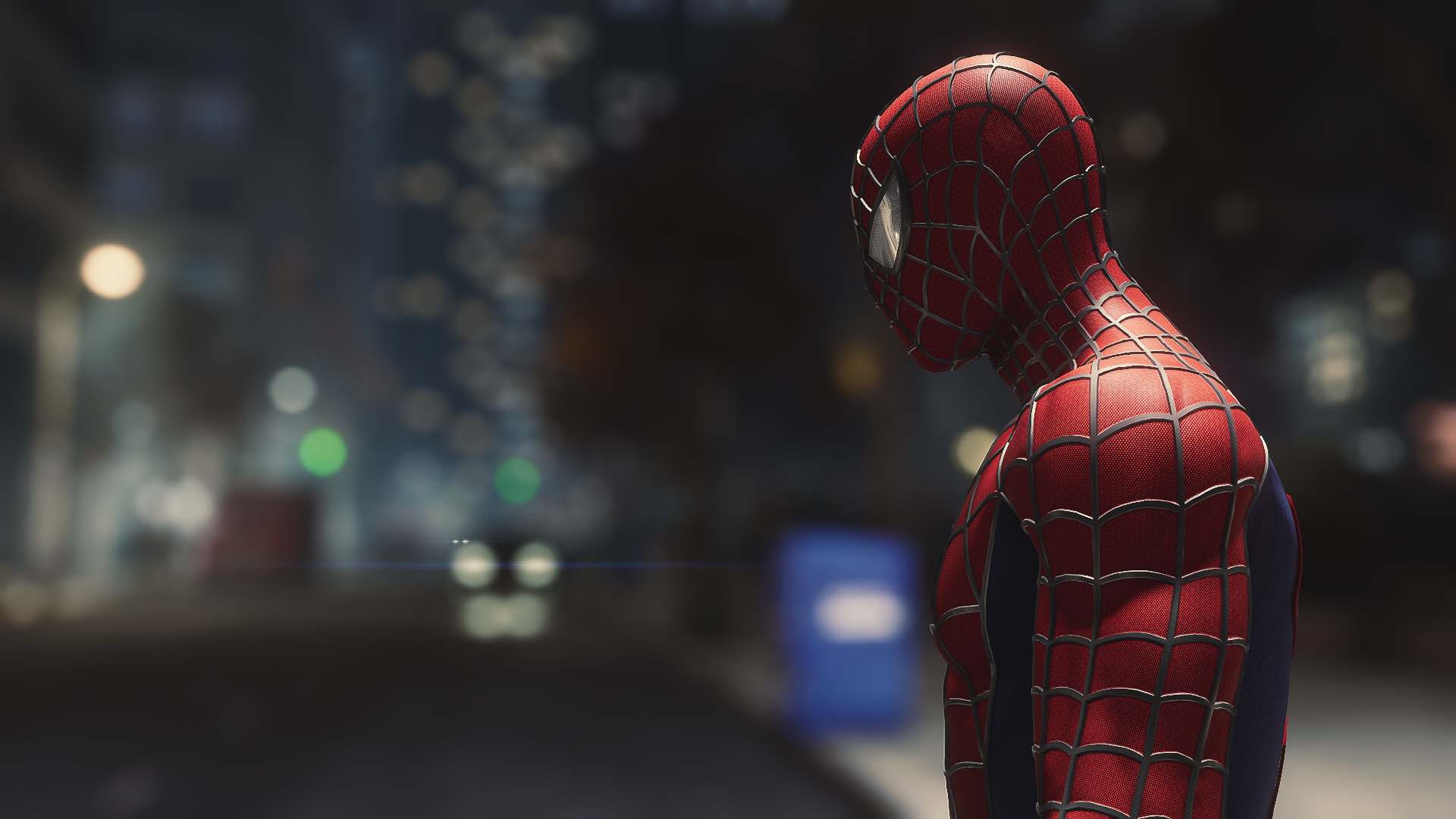 General 1920x1080 Spider-Man Remastered red blue night video games superhero Marvel Comics bodysuit Insomniac Games blurred video game art screen shot video game characters CGI blurry background muscles side view