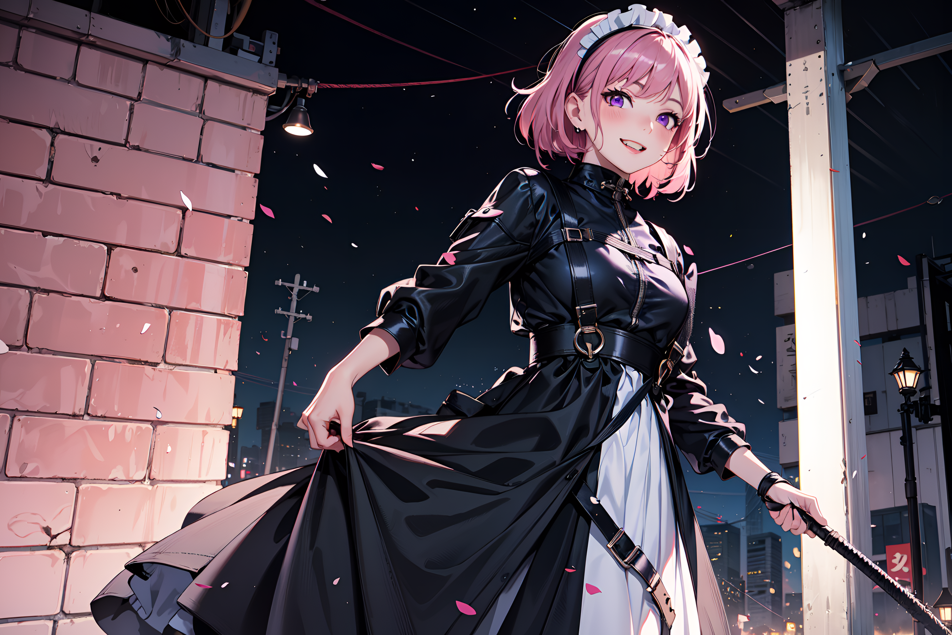 Anime 3072x2048 AI art pink hair maid black coat night looking at viewer anime outdoors purple eyes short hair headdress lifting dress lifting clothes building smiling black clothing anime girls cables