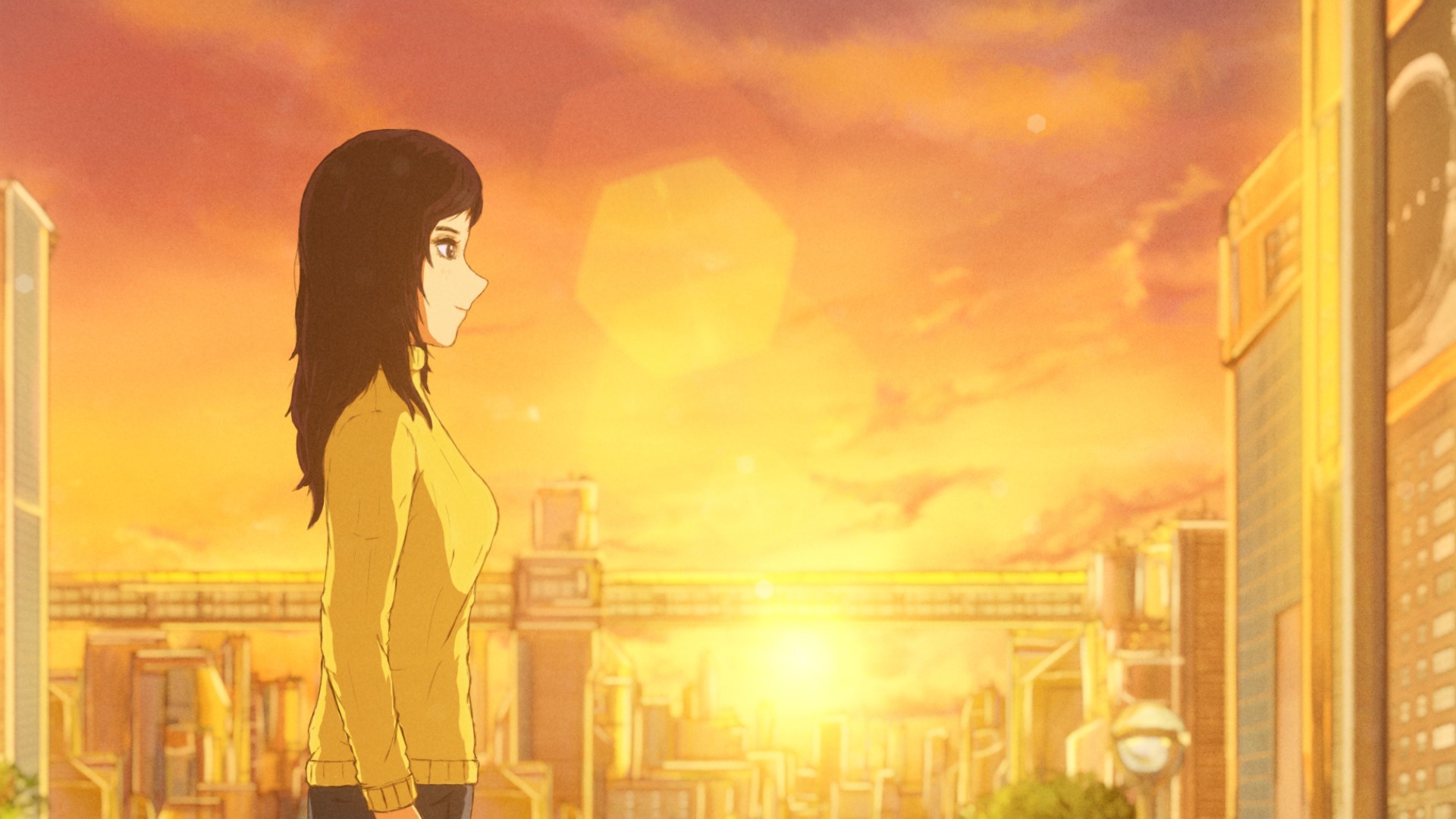 Anime 1920x1080 digital art anime city glowing sunset sky anime building cityscape anime girls smiling yellow sunset glow street outdoors sparkles side view yellow sweater