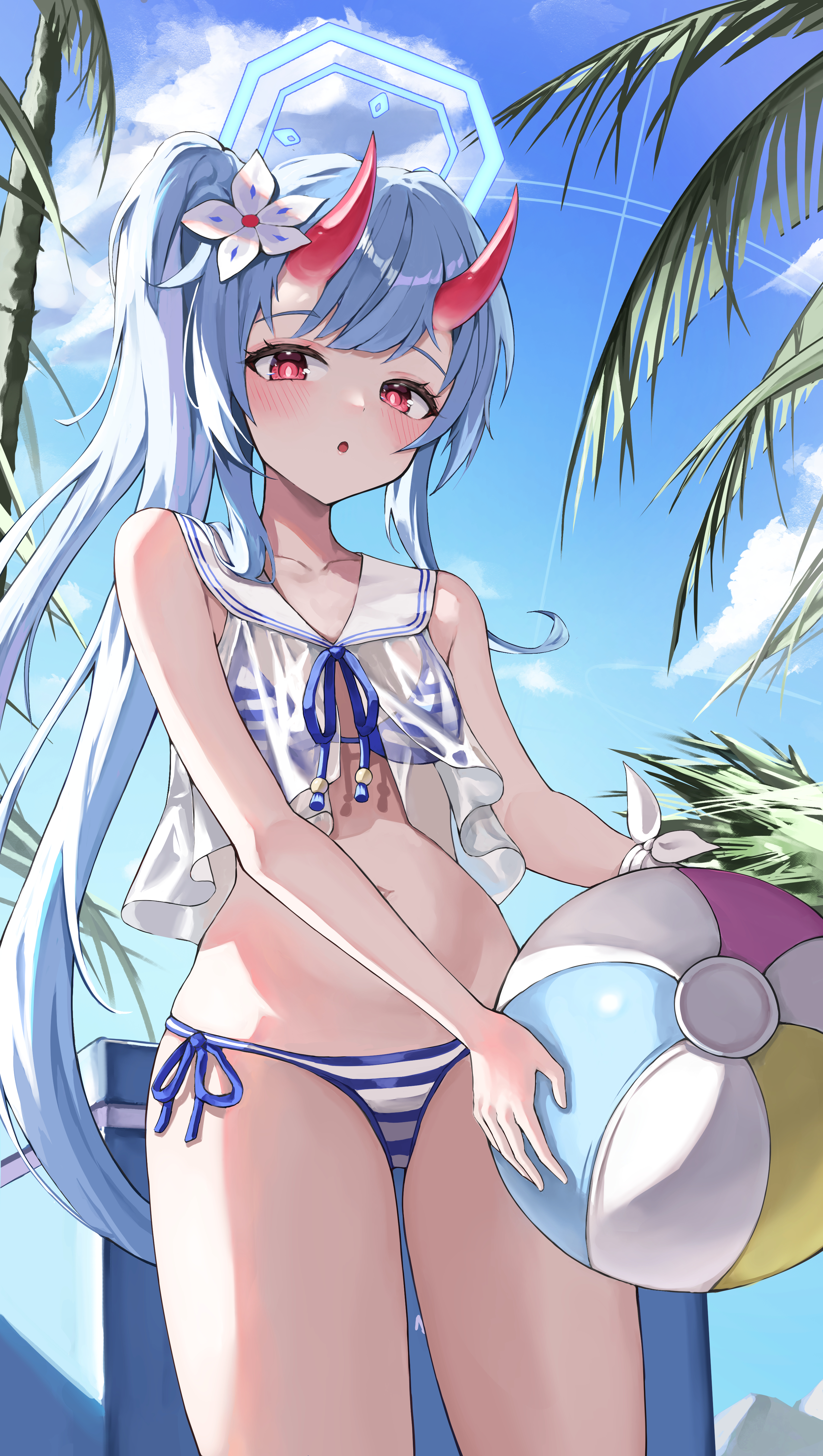 Anime 2729x4827 Waraku Chise anime portrait display anime girls looking at viewer standing beach ball collarbone slim body skinny flower in hair ponytail blue hair red eyes bikini small boobs palm trees long hair horns clouds sky JJonaeng open mouth sunlight Blue Archive