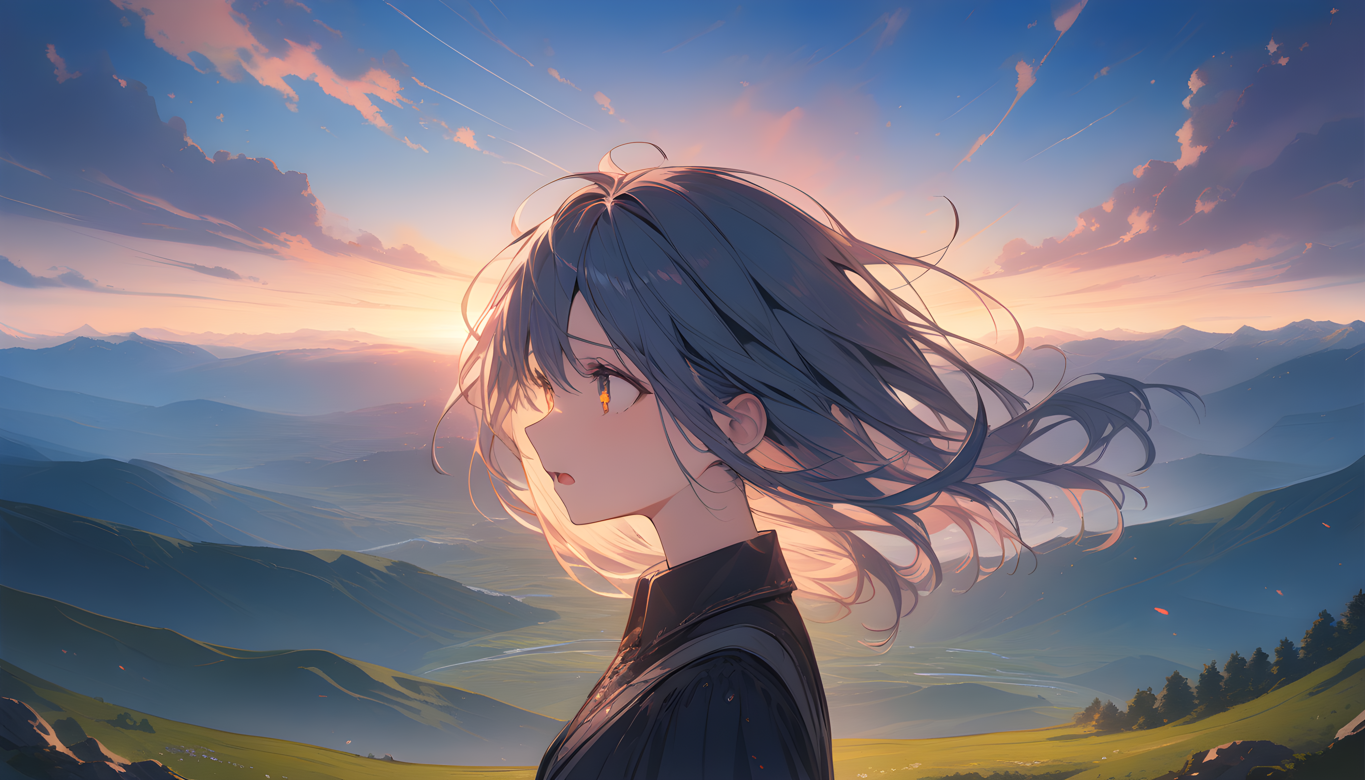 Anime 5376x3072 anime girls abstract Stable Diffusion cinematic sunlight outdoors women outdoors open mouth long hair landscape clouds sky hills trees side view wind hair blowing in the wind anime looking away