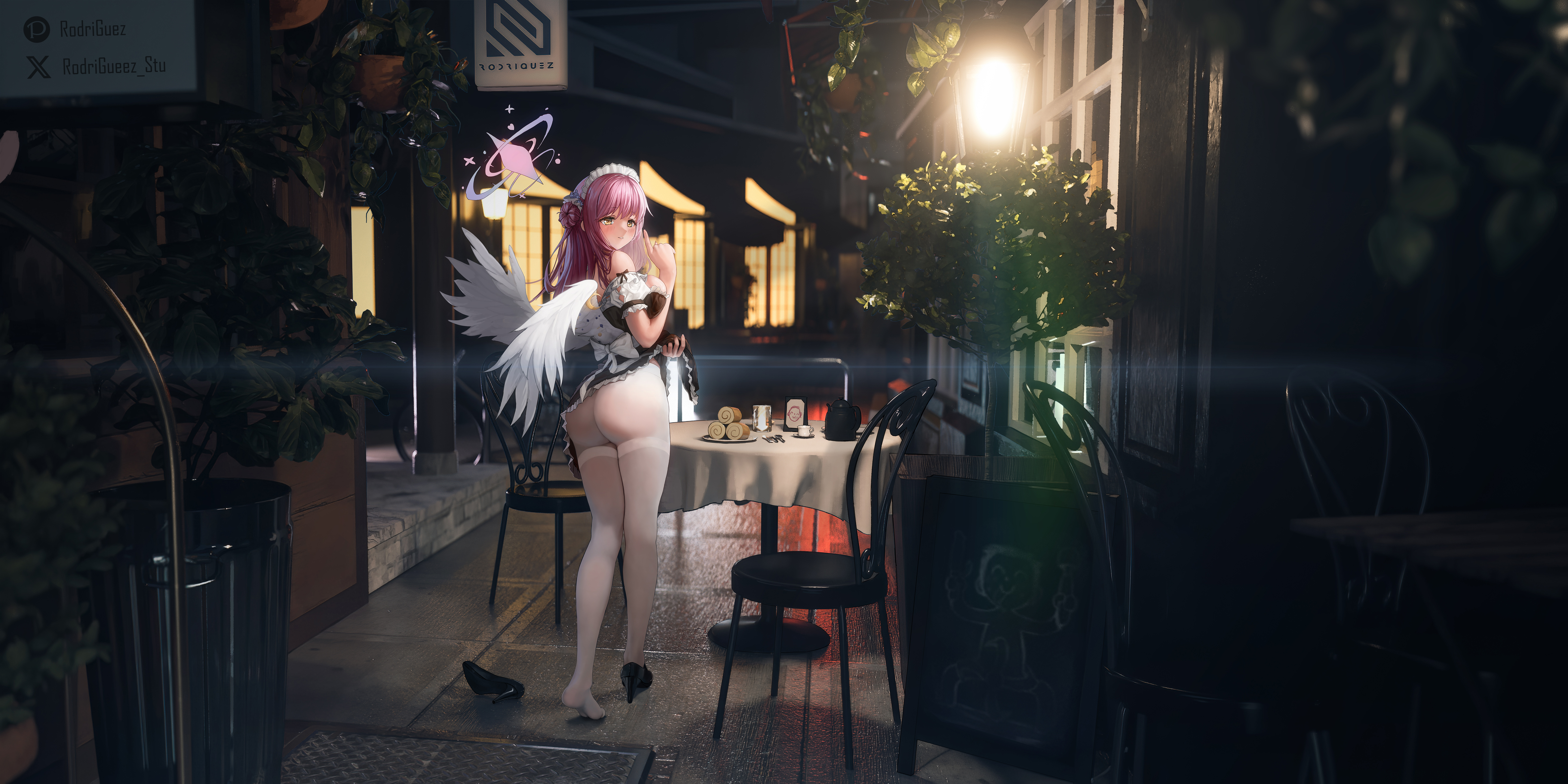 Anime 7000x3500 anime anime girls wings looking at viewer looking over shoulder ass thick ass white pantyhose pantyhose standing lights chair table Blue Archive long hair Misono Mika RodriGuez pink hair yellow eyes parted lips blushing lifting dress maid outfit maid food plates spoon fork cutlery big boobs building night watermarked signs