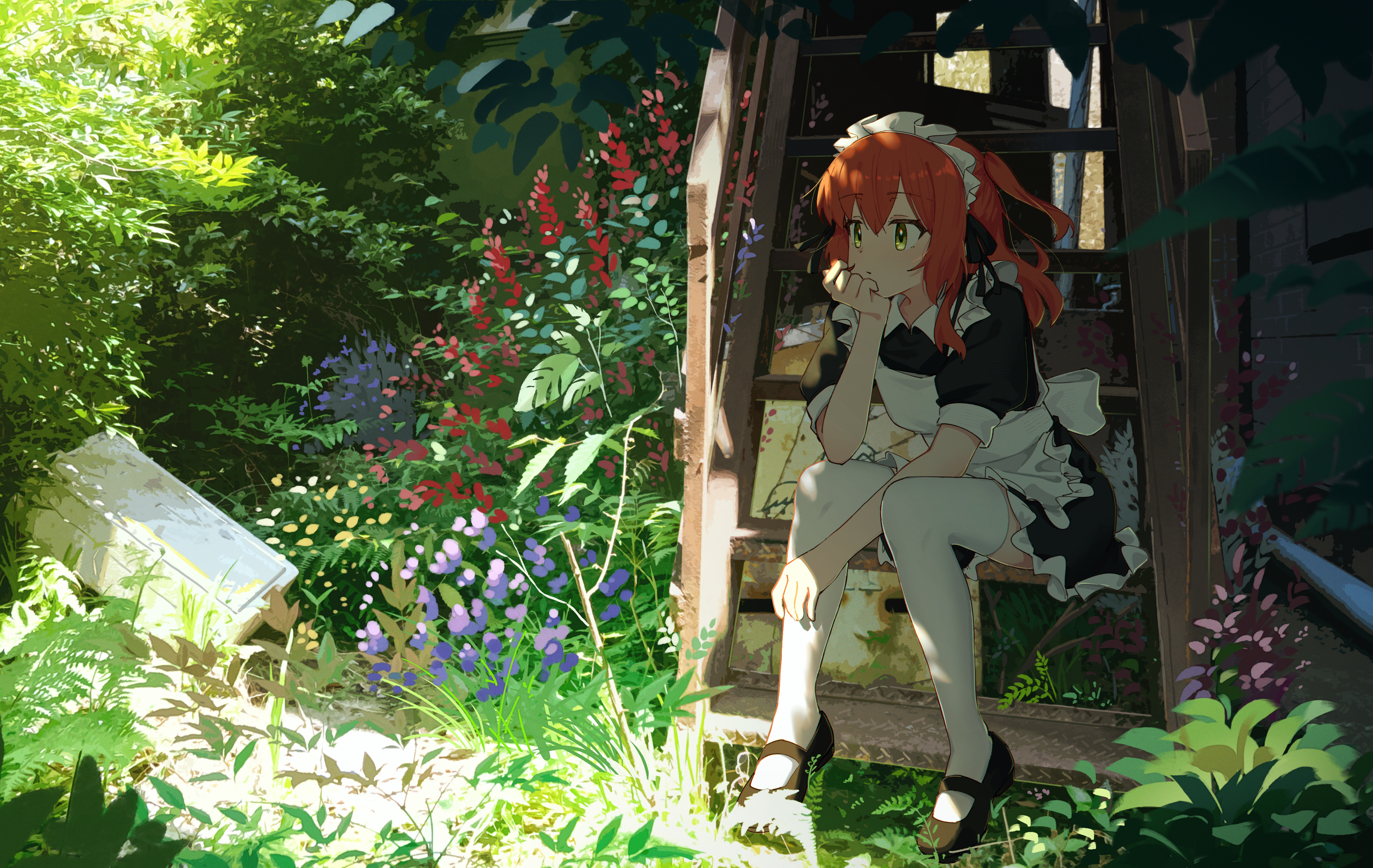 Anime 3552x2246 anime girls BOCCHI THE ROCK! Kita Ikuyo maid green nature redhead sitting JLT4n maid outfit artwork
