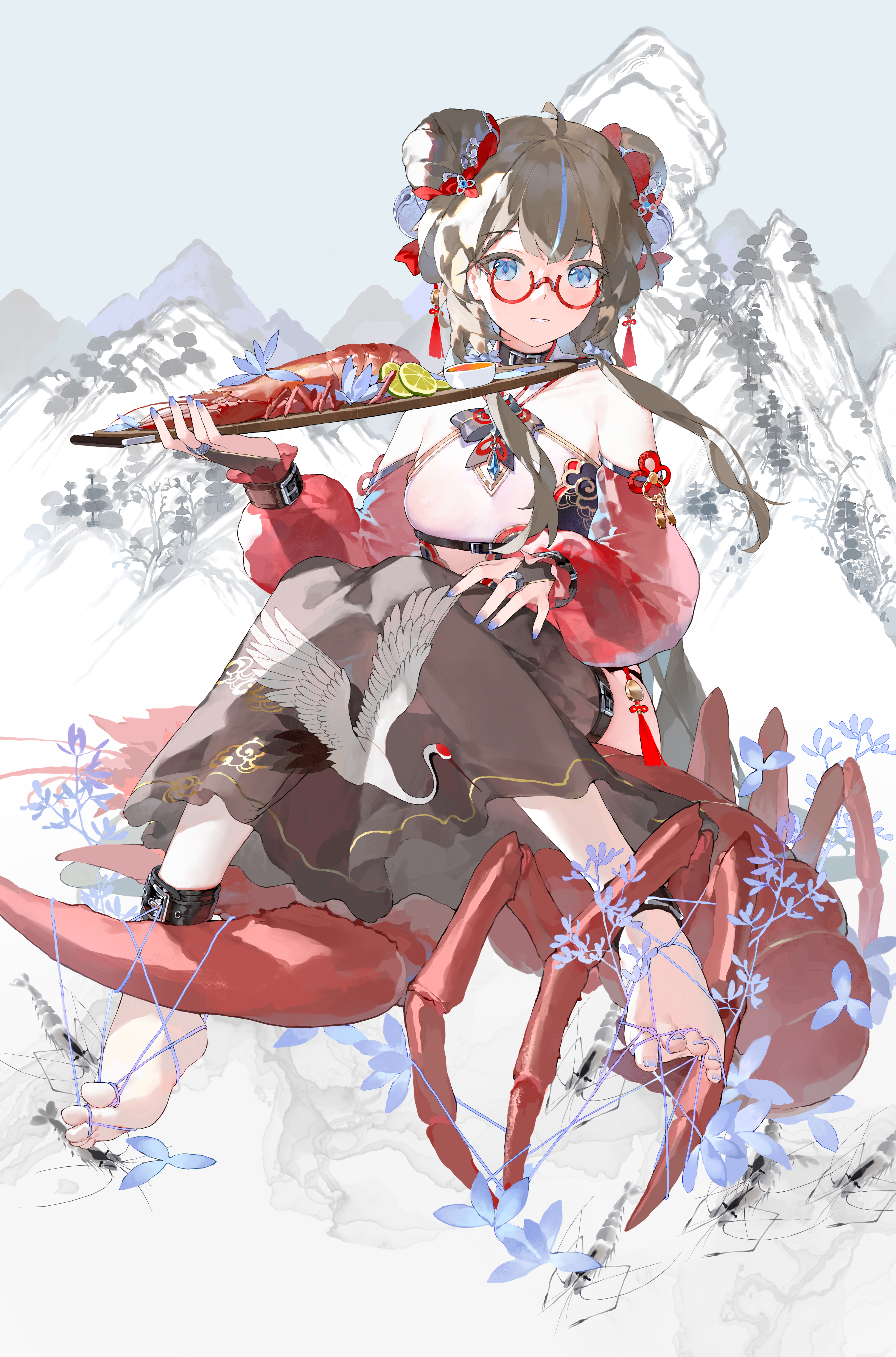 Anime 4160x6300 BODHI Bodhi Wushushenghua Pixiv anime Chinese clothing mountains hairbun blue eyes red glasses lobsters looking at viewer