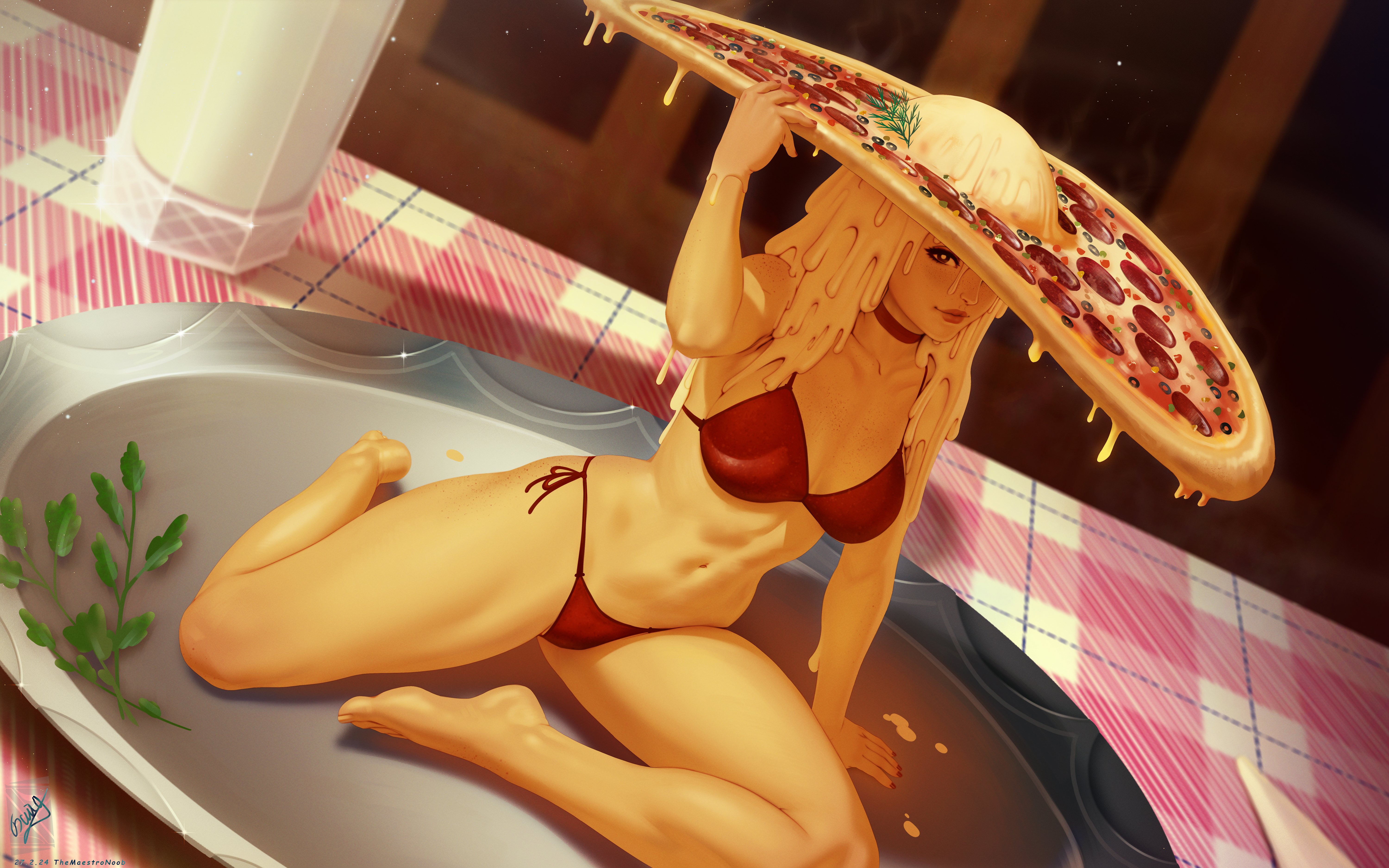 General 6000x3750 pizza fantasy girl artwork drawing original characters digital art food TheMaestroNoob bent legs bikini belly button one eye obstructed bright barefoot watermarked sitting women with hats freckles (body) freckles choker painted nails juicy lips spread legs skinny looking at viewer signature melting big boobs collarbone plates side tie bikini bottom 2024 (year)