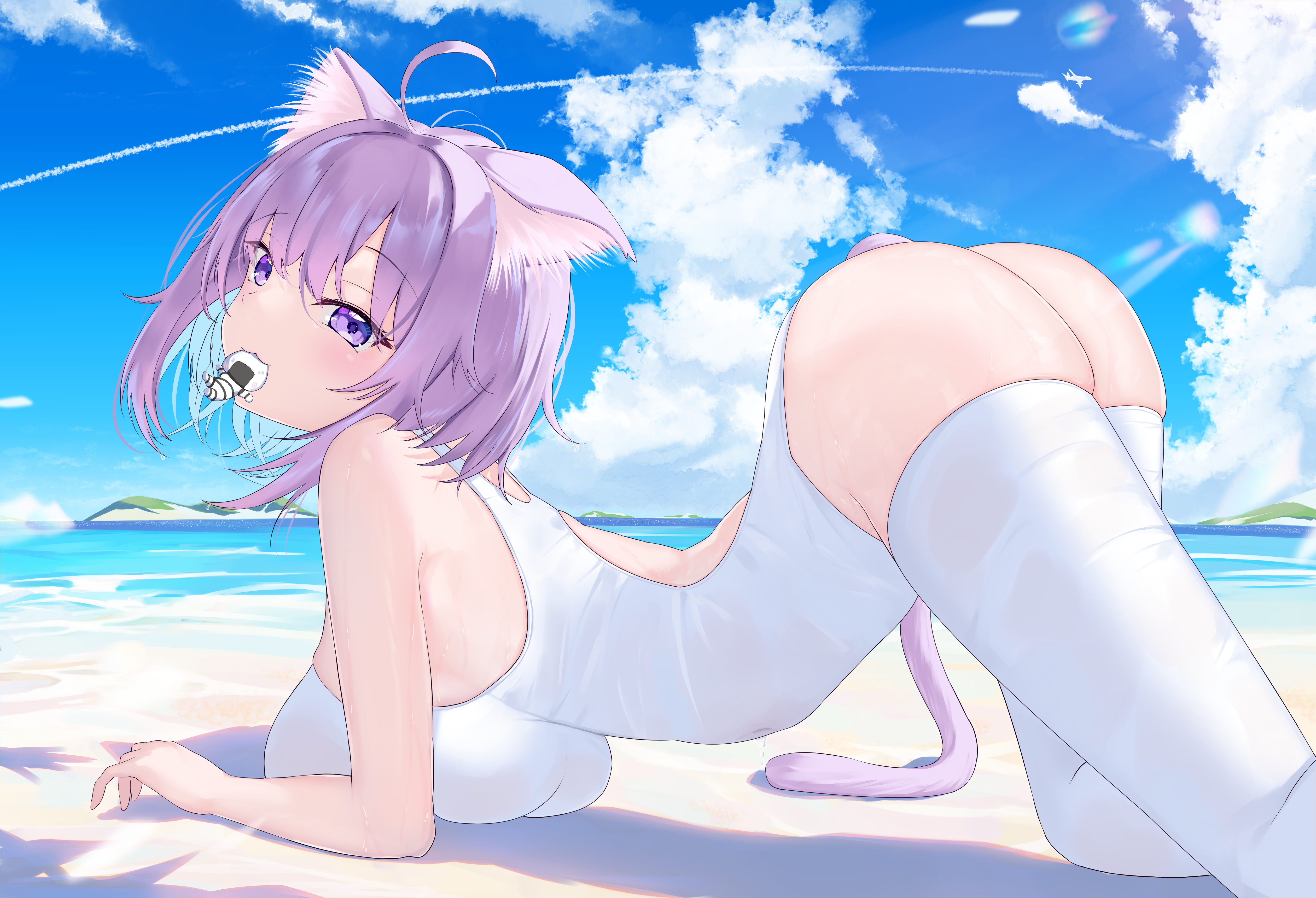 Anime 5490x3746 anime Pixiv ass animal ears purple hair purple eyes short hair Nekomata Okayu Hololive Virtual Youtuber clouds looking at viewer bent over arched back sunlight Red O7 sensual gaze women outdoors water white thigh highs skinny thigh-highs big boobs beach women on beach pressed boobs swimwear one-piece swimsuit sky cat girl cat ears cat tail ahoge smiling hair between eyes