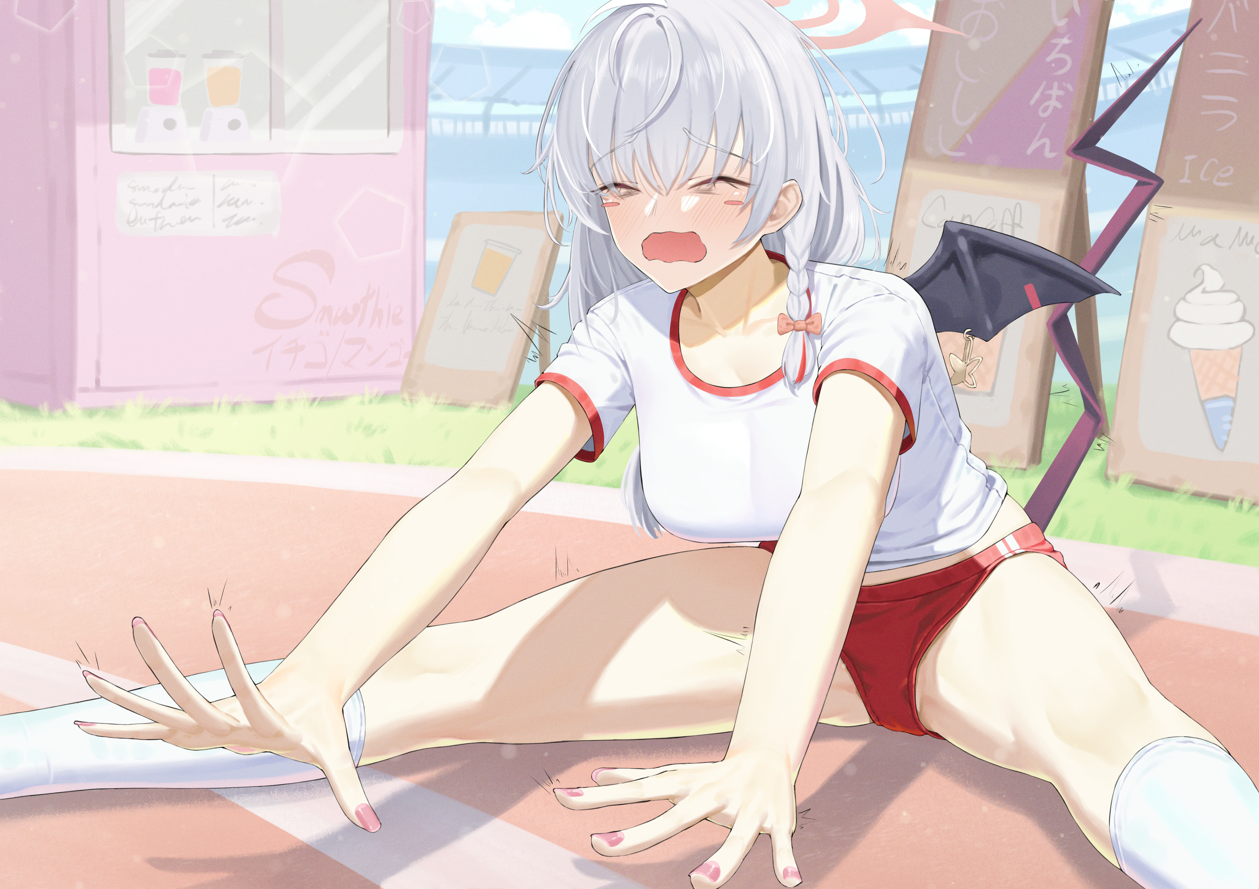 Anime 4299x3035 anime anime girls white hair braids gym clothes red panties spread legs closed eyes white shirt big boobs thighs knee high socks blushing succubus wings bat wings tail sitting on the floor Haruna (Blue Archive) Blue Archive Bangom stretching open mouth buruma thigh-highs white thigh highs sunlight short sleeves hair bows long hair ice cream Japanese on the ground collarbone grass