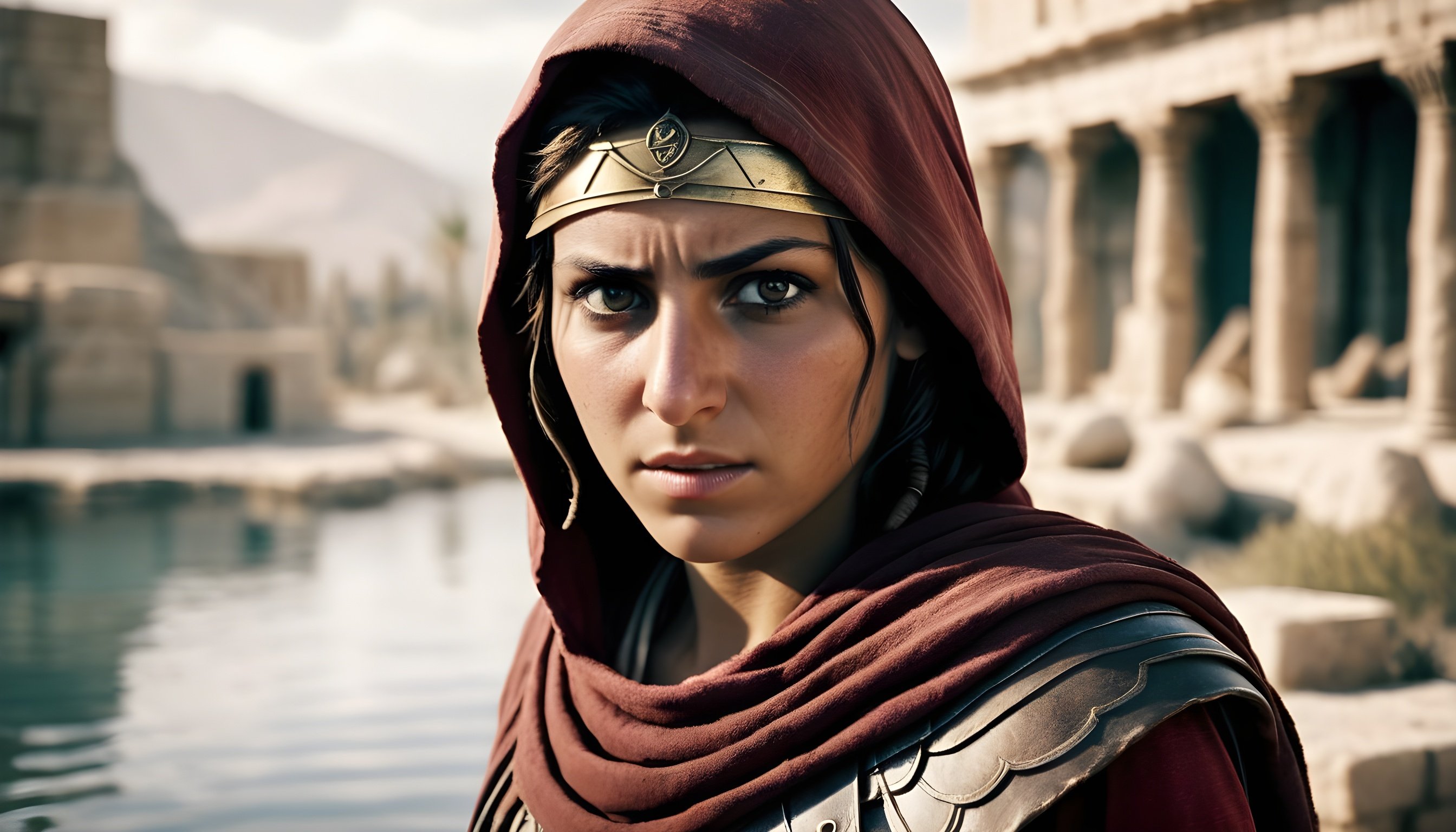General 2688x1536 Assassin's Creed: Odyssey Kassandra AI art freepik looking at viewer stare red Assassin's Creed