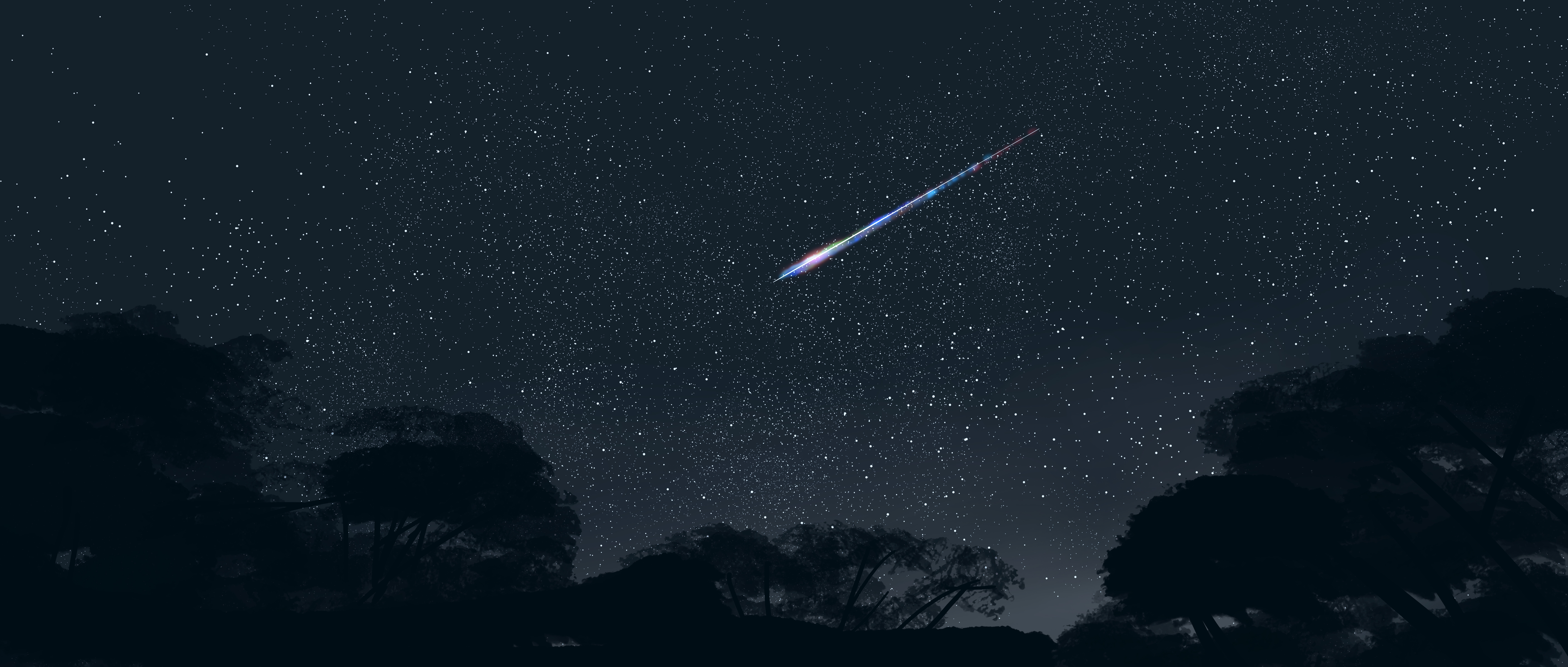 General 5640x2400 Gracile digital art artwork illustration ultrawide wide screen sky forest stars starred sky shooting stars nature night trees night sky