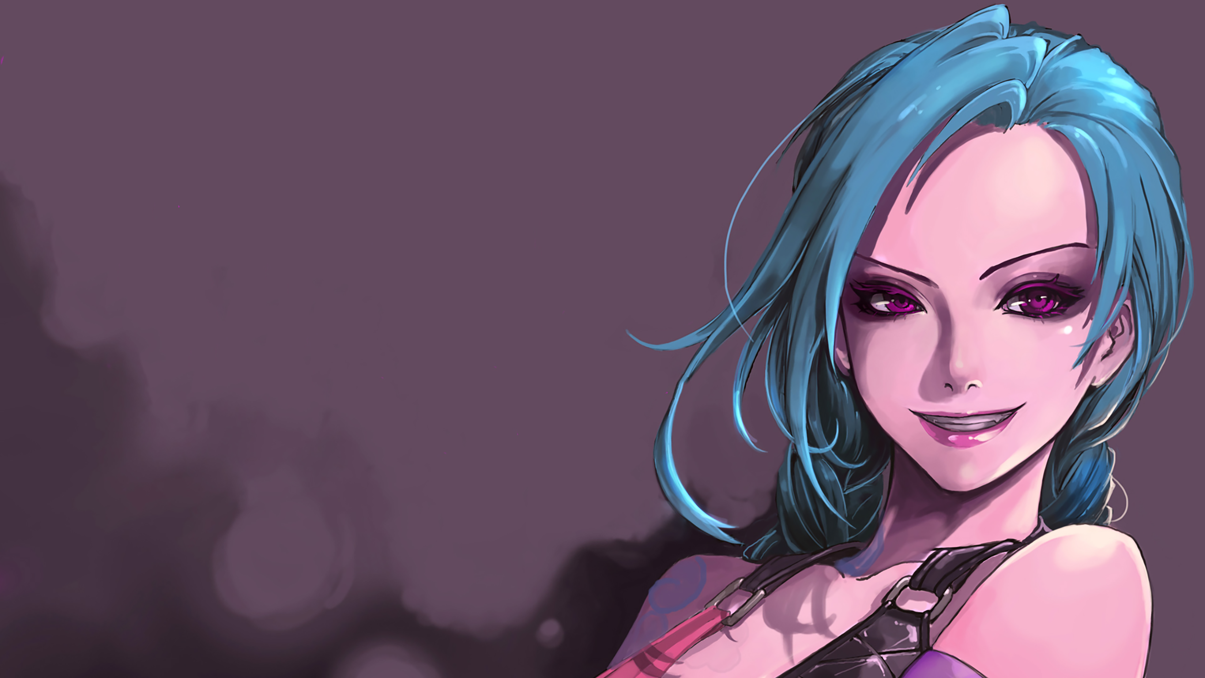 General 3840x2160 Jinx (League of Legends) League of Legends teeth smiling simple background purple eyes minimalism bare shoulders collarbone video game girls blue hair looking at viewer straps video games long hair video game characters