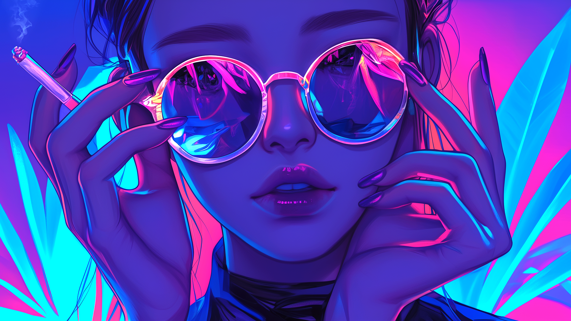 People 1920x1080 AI art sunglasses neon warm light cigarettes women with glasses lipstick purple background purple gradient Midjourney
