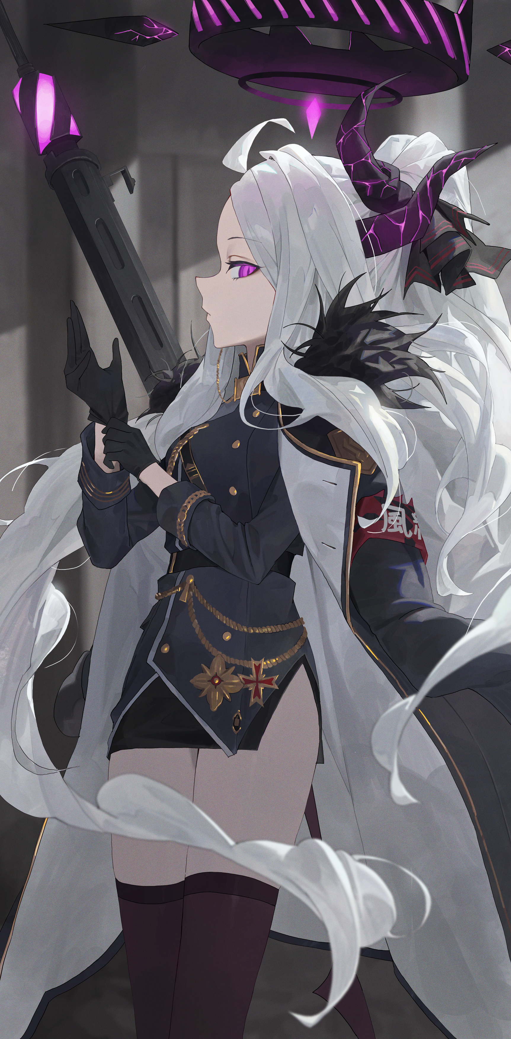 Anime 1725x3501 anime girl with wings Sorasaki Hina (Blue Archive) long hair portrait display anime girls with guns purple eyes white hair military uniform uniform Blue Archive demon horns anime girls standing looking at viewer anime black gloves gloves black stockings stockings long sleeves closed mouth cape Maakun40 looking sideways thighs horns