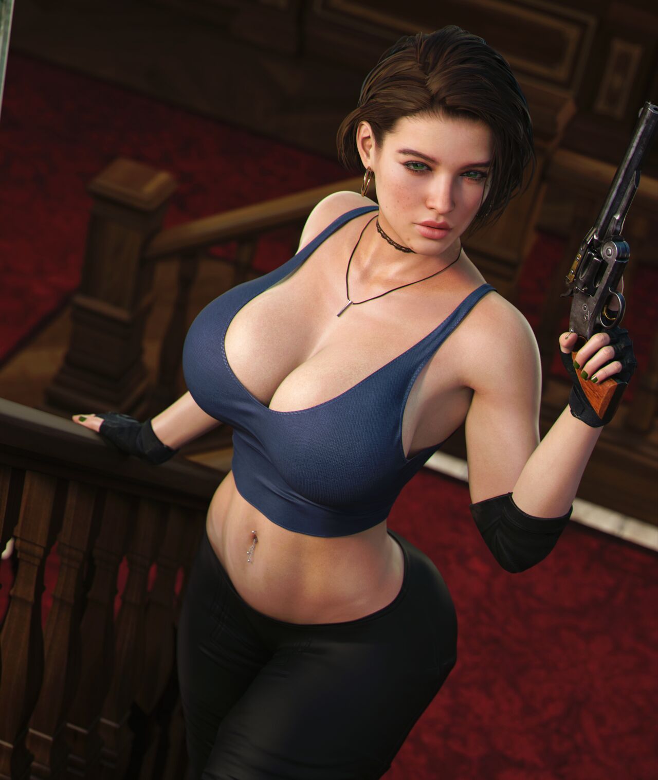 General 1280x1517 Jill Valentine Resident Evil CGI Apone3D gun choker necklace boobs shaved pubic hair vest gloves leather pants 