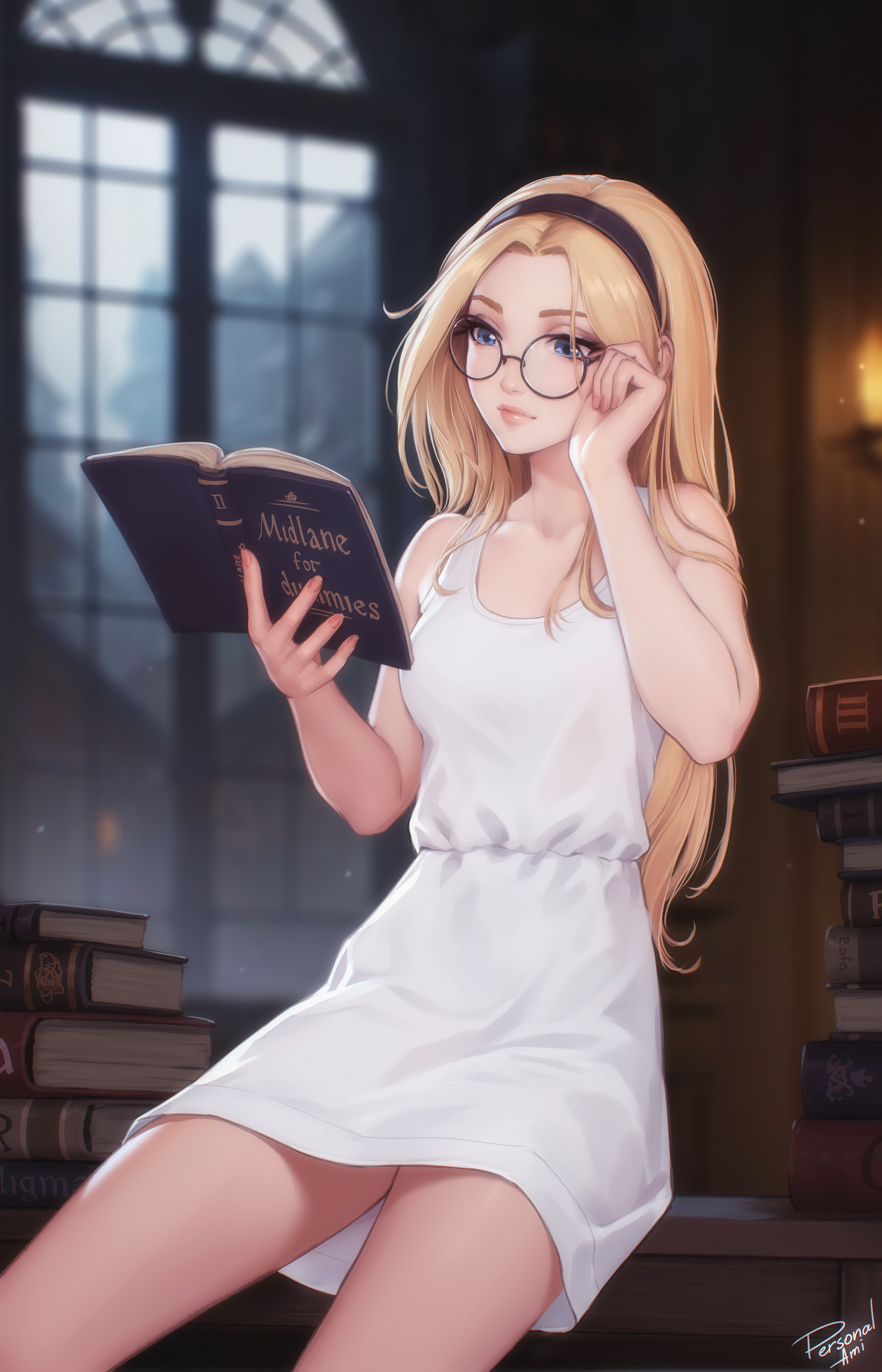 General 4500x7000 Lux (League of Legends) League of Legends video games video game girls video game characters books reading artwork drawing fan art Personal ami dress white dress women with glasses sitting book in hand blue eyes watermarked