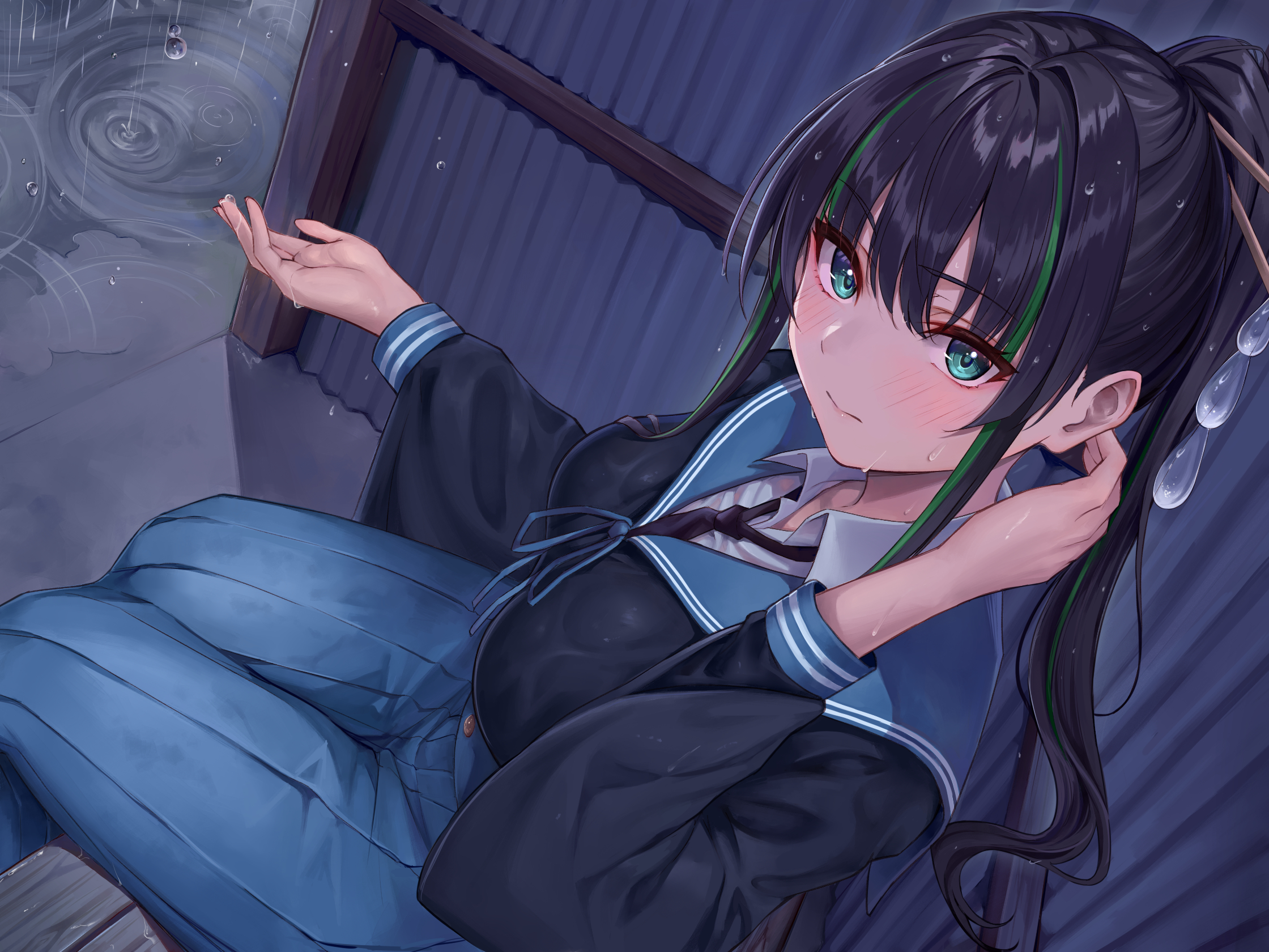 Anime 2240x1680 anime anime girls wet clothing rain green eyes black hair blushing looking at viewer