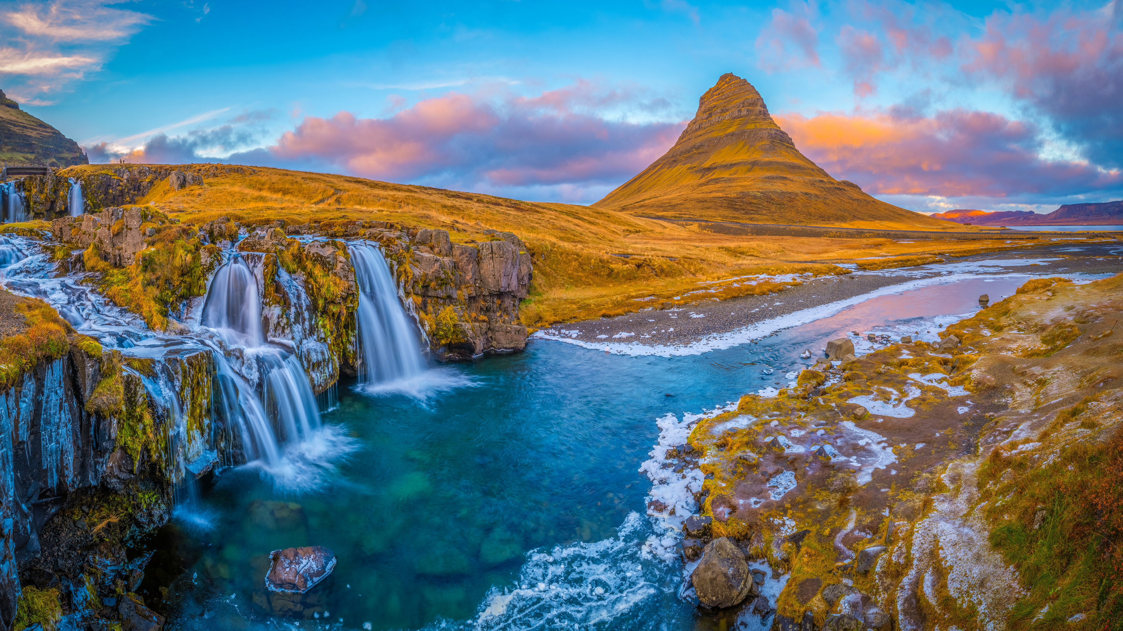 General 3840x2160 Iceland nature landscape waterfall river water sunset sky clouds stones Kirkjufell mountains