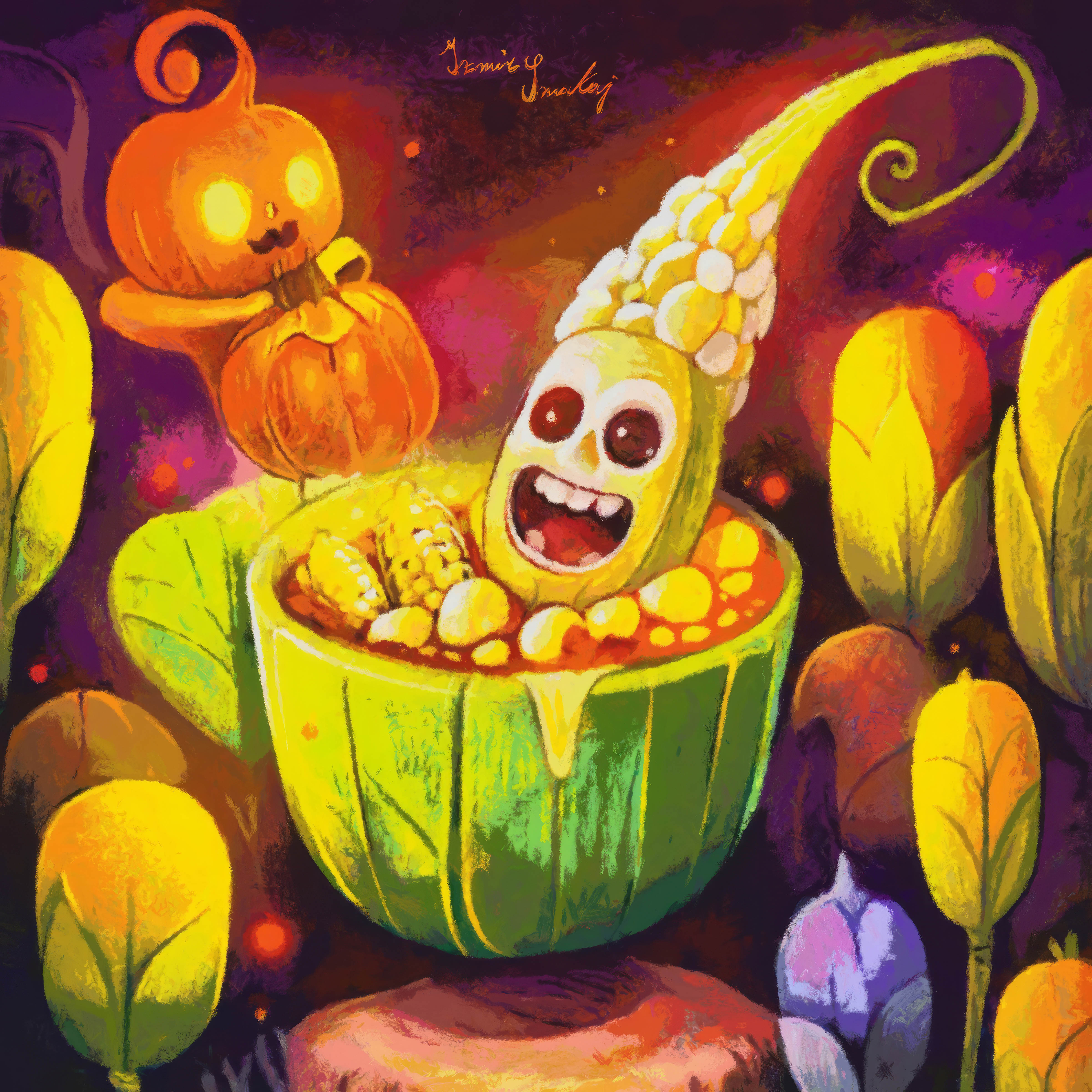 Anime 4800x4800 DeviantArt painting corn spooky Freaks pumpkin Halloween scary face