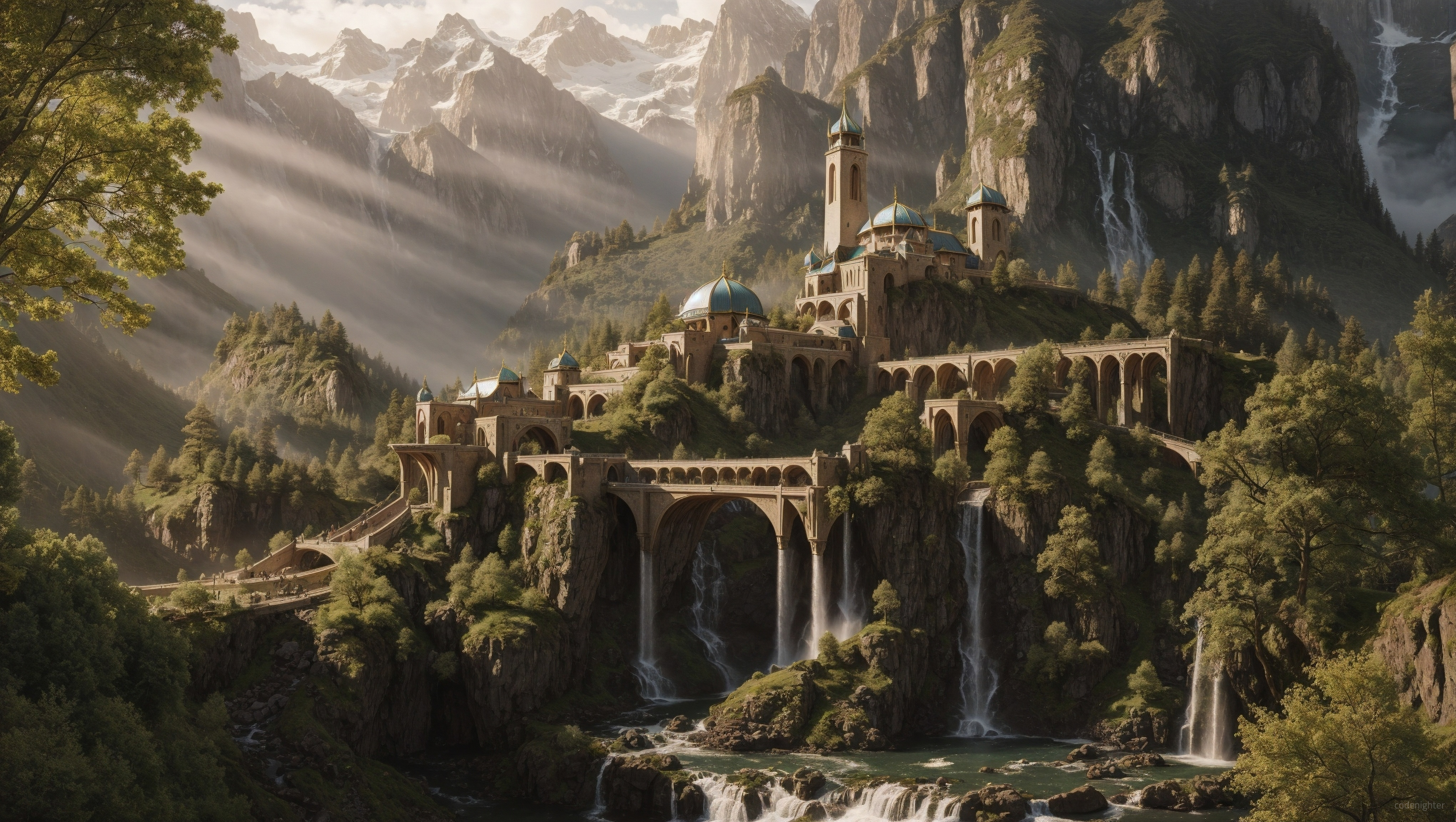 General 4080x2304 AI art digital art landscape J. R. R. Tolkien waterfall mountains natural light trees water sunlight nature architecture outdoors