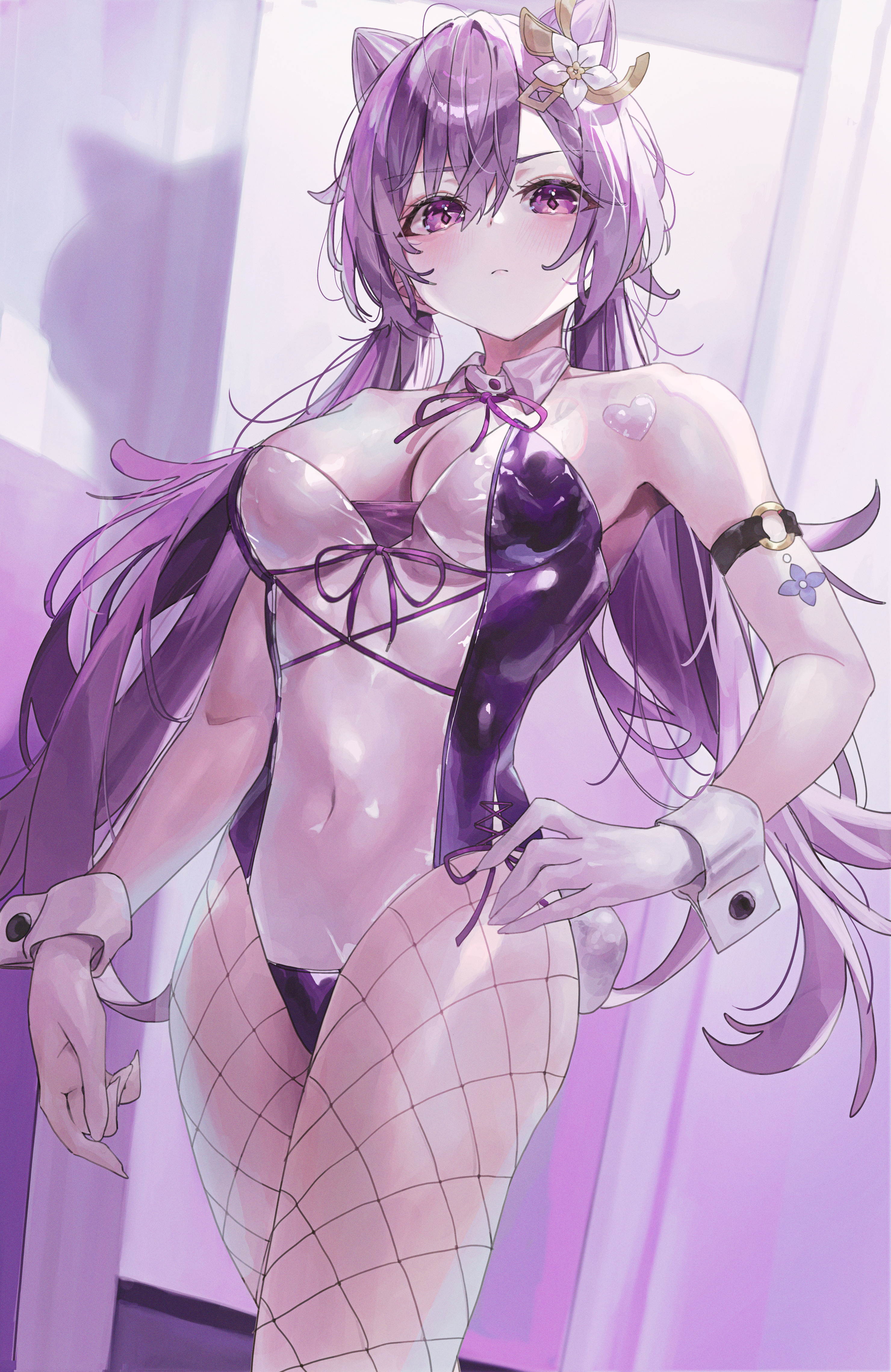 Anime 2960x4560 Genshin Impact Keqing (Genshin Impact) Pixiv fishnet anime purple hair twintails Indol5 looking at viewer hair between eyes standing portrait display skinny leotard bare shoulders hands on hips long hair closed mouth anime girls wrist cuffs big boobs bunny suit bunny ears bunny tail purple eyes hair ornament