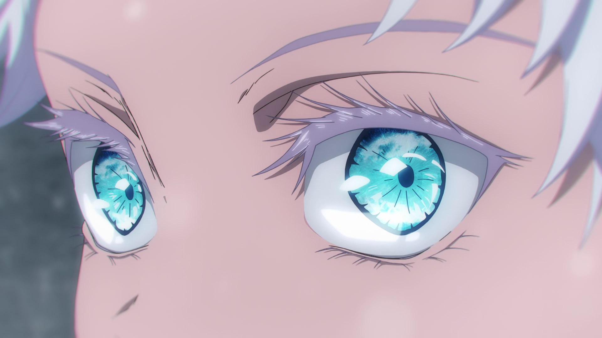 Anime 1920x1080 white hair blue eyes Jujutsu Kaisen Satoru Gojo looking at viewer eyes closeup white eyebrows anime anime screenshot white eyelashes face anime boys
