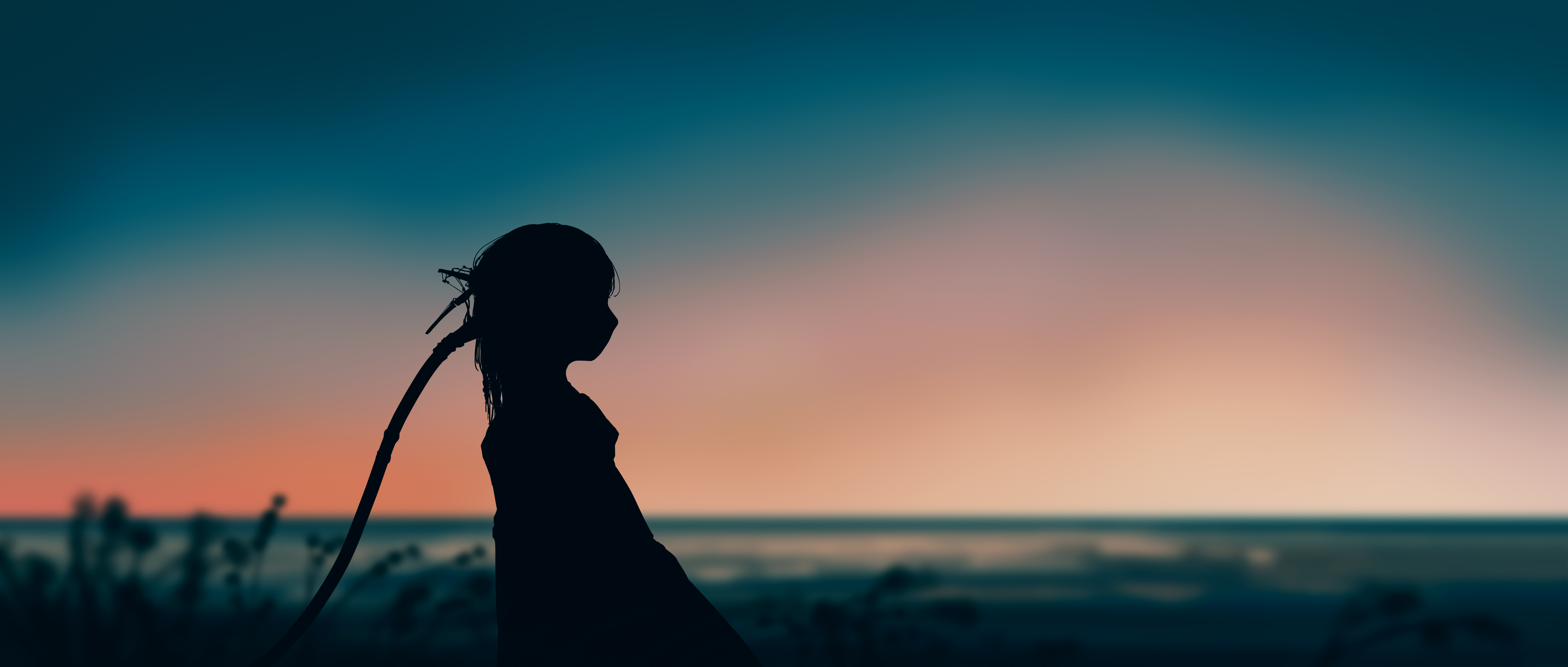 Anime 5640x2400 Gracile Pixiv digital art artwork silhouette anime girls sunset sunset glow blurred blurry background long hair standing sunlight side view anime simple background wide screen