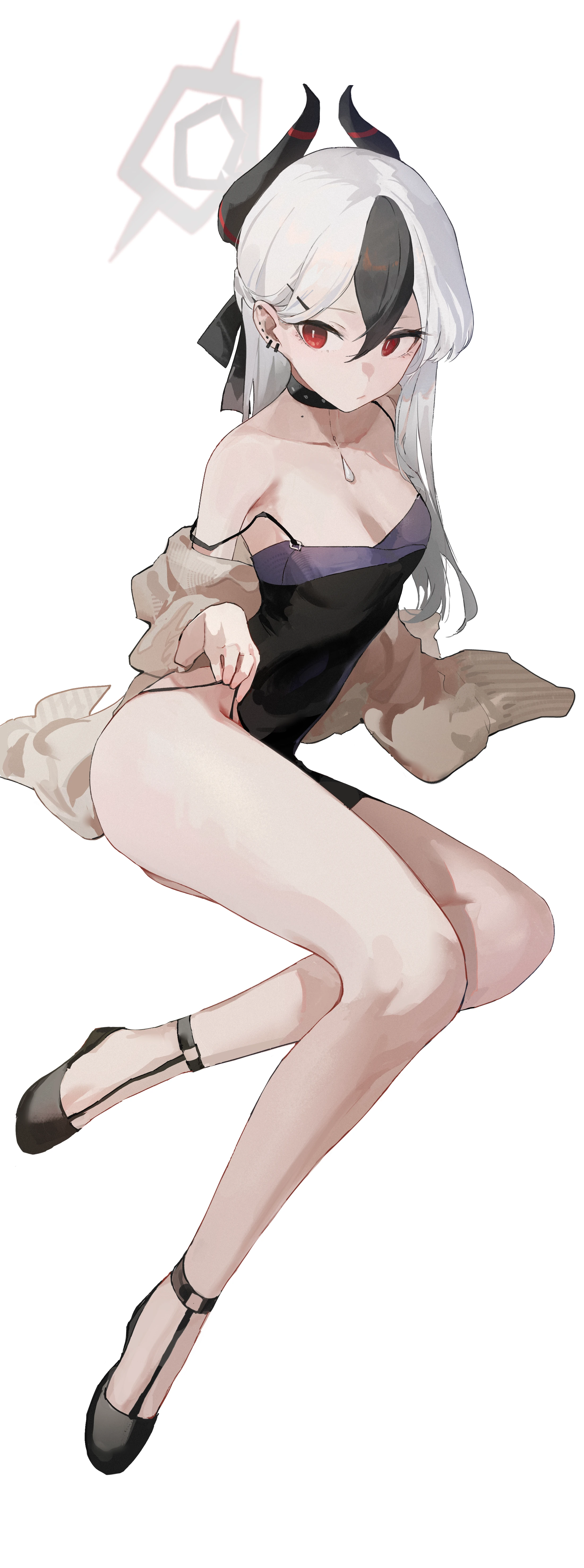 Anime 2200x5900 Blue Archive anime thighs simple background Onikata Kayoko(Blue Archive) white background horns anime girls cleavage strap falling off shoulder off shoulder bent legs closed mouth red eyes earring ear piercing collarbone two tone hair long hair small boobs choker hair between eyes skinny black dress dress looking at viewer moles Zombie_KE
