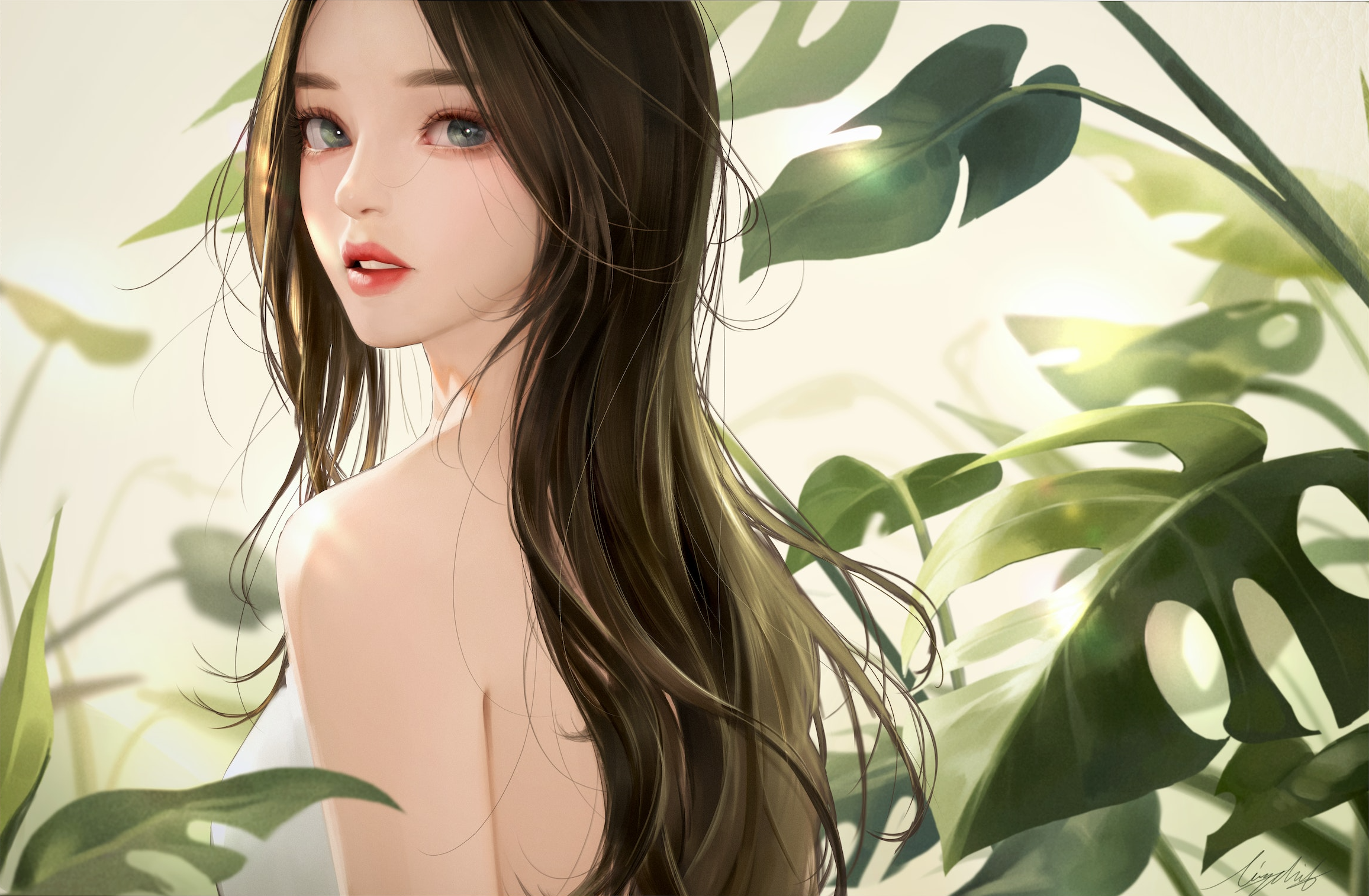 General 2313x1515 digital art artwork illustration women portrait looking at viewer long hair dark hair red lipstick looking back face Asian plants parted lips leaves signature sunlight