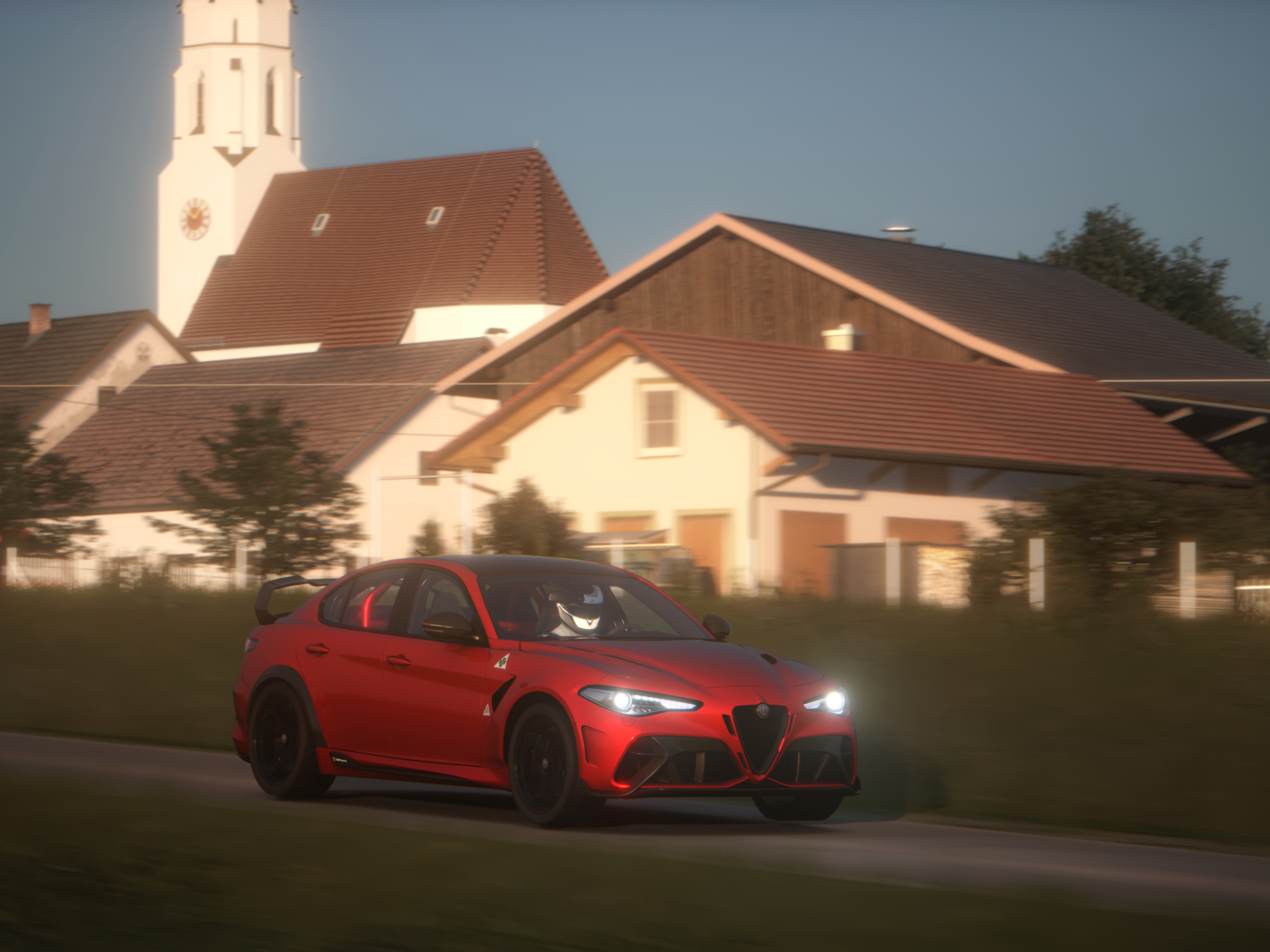 General 5760x4320 Alfa Romeo car Assetto Corsa PC gaming video game art vehicle video games frontal view red cars headlights sky building CGI motion blur blurred
