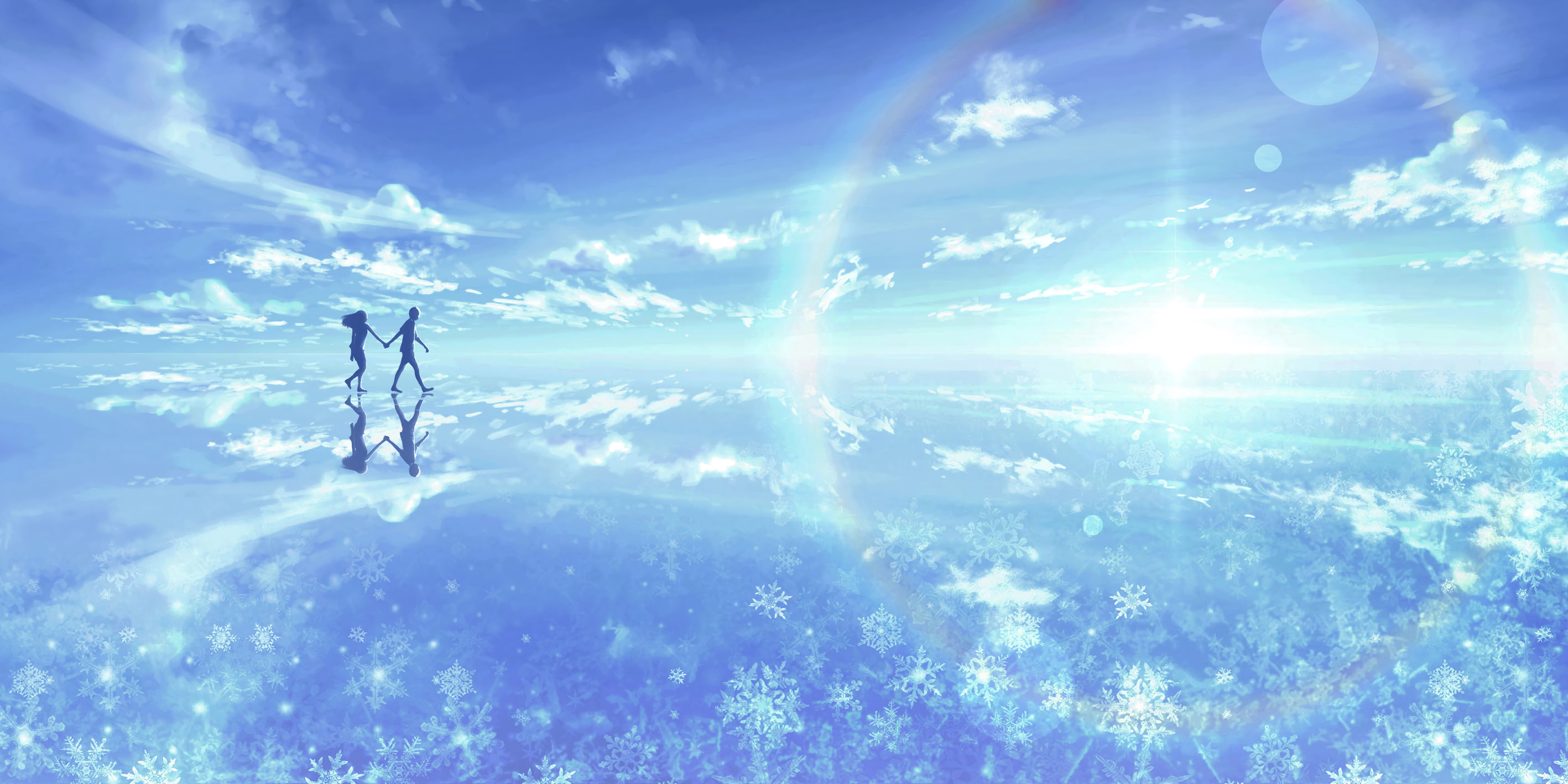 Anime 2835x1417 anime anime girls holding hands snowflakes sky reflection silhouette clouds walking