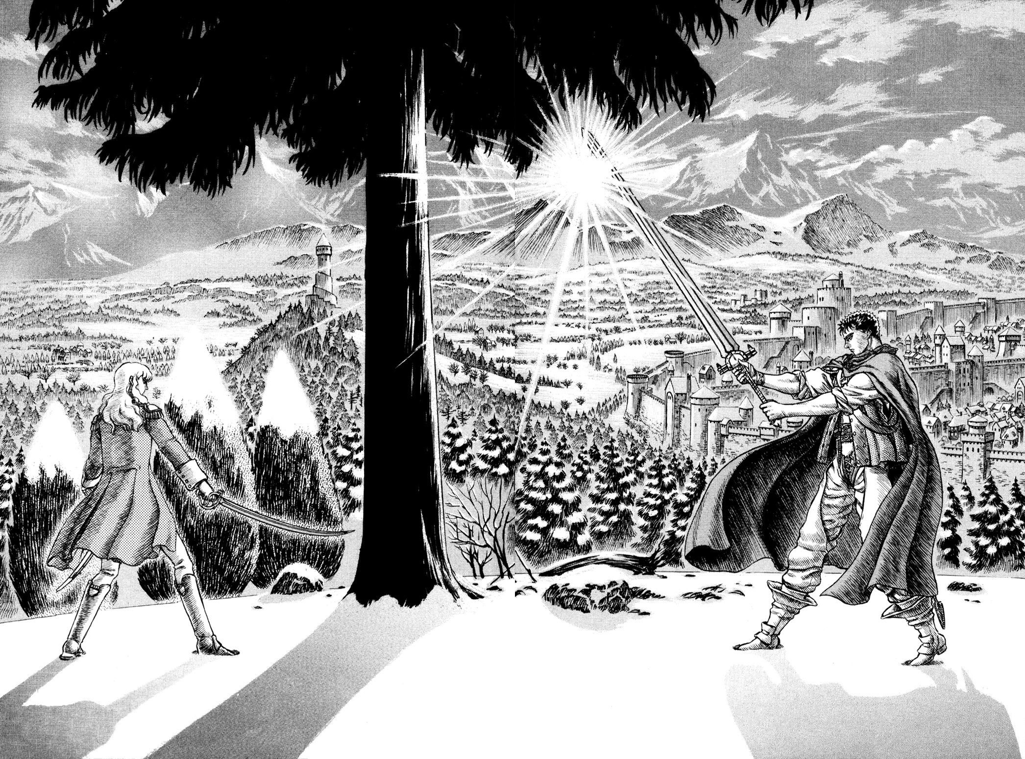 Anime 2092x1550 Berserk Guts Griffith snow castle Kentaro Miura manga landscape mountains sword weapon cape