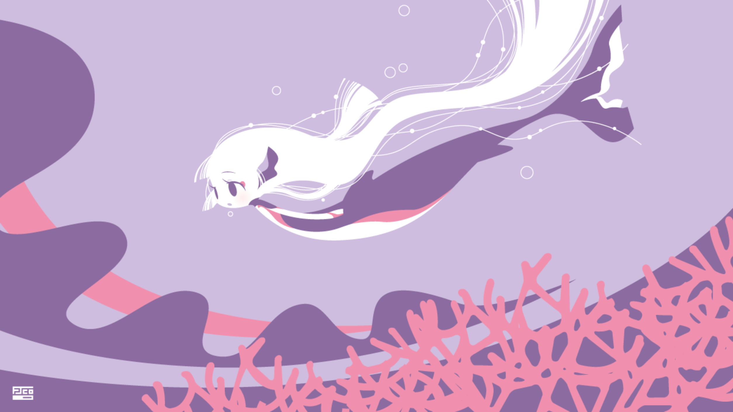 Anime 2509x1411 anime simple background minimalism anime girls underwater water bubbles long hair coral